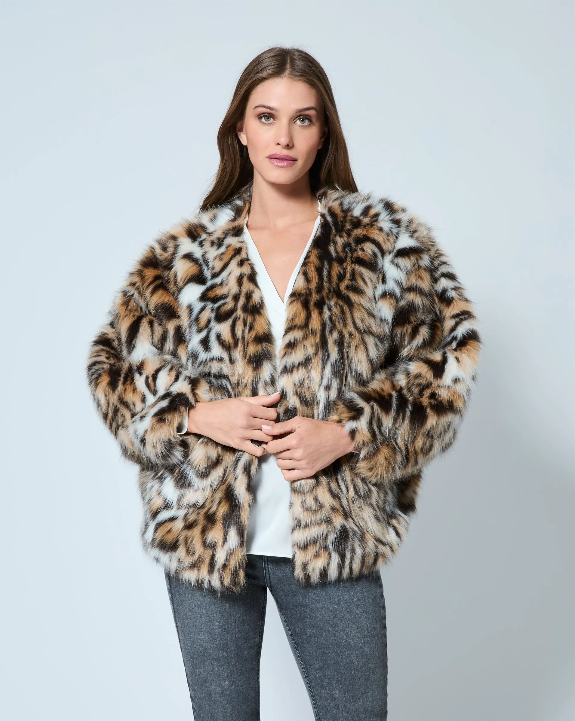 Cheetah Printed Fox Faux Fur Swing Jacket sold by Adrienne Landau product image thumbnail 2