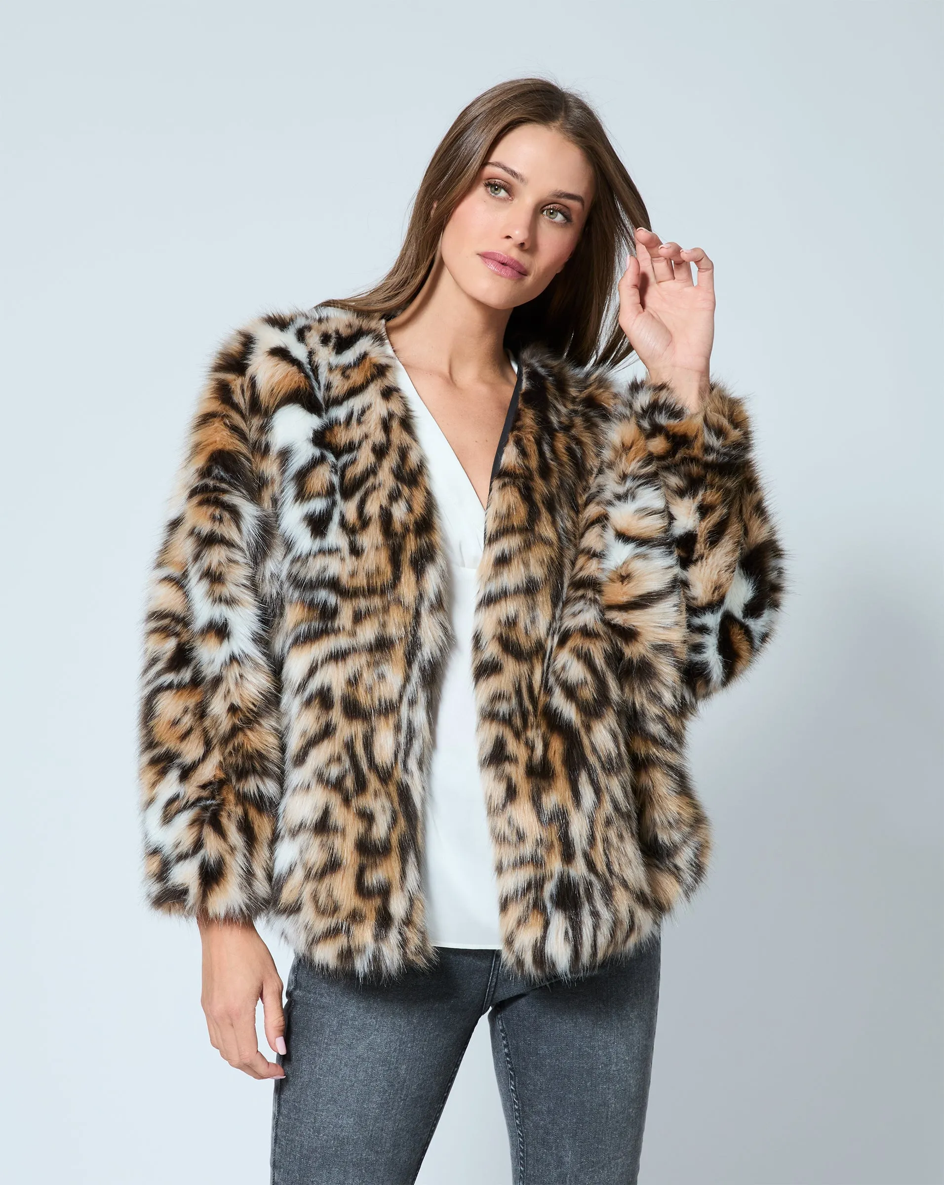 Cheetah Printed Fox Faux Fur Swing Jacket sold by Adrienne Landau