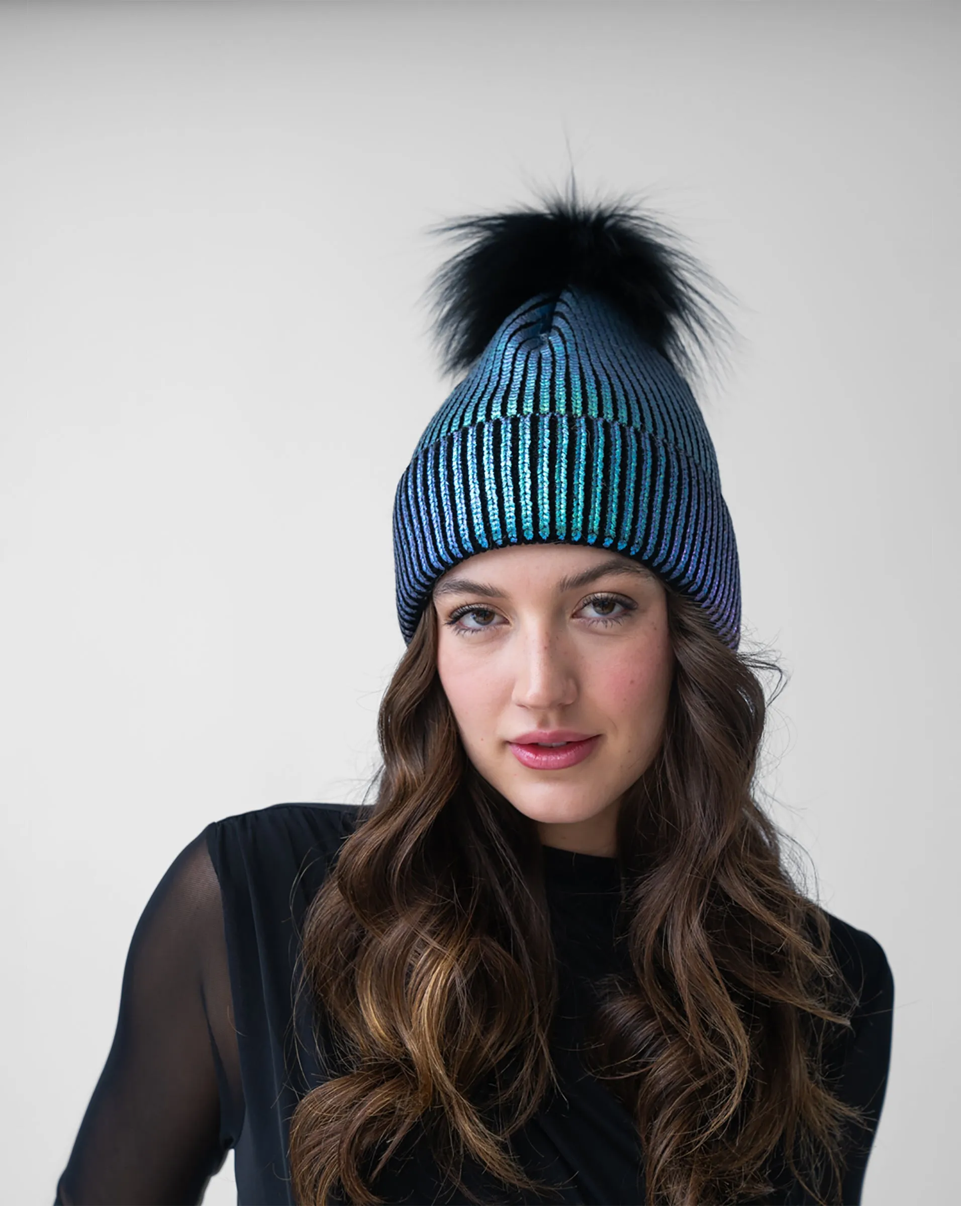 FINAL SALE - Metallic Ribbed Faux Fur Pom-Pom Hat sold by Adrienne Landau