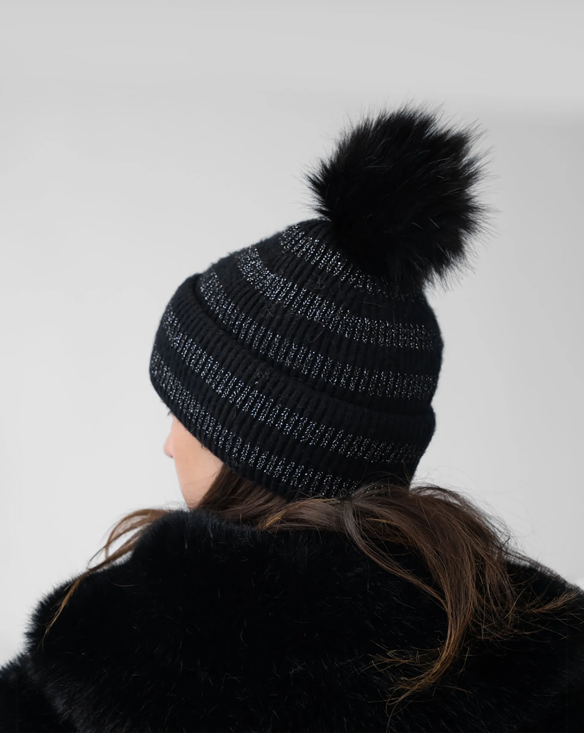 FINAL SALE - Metallic Stripe Hat with Faux Fur Pom-Pom sold by Adrienne Landau product image thumbnail 2