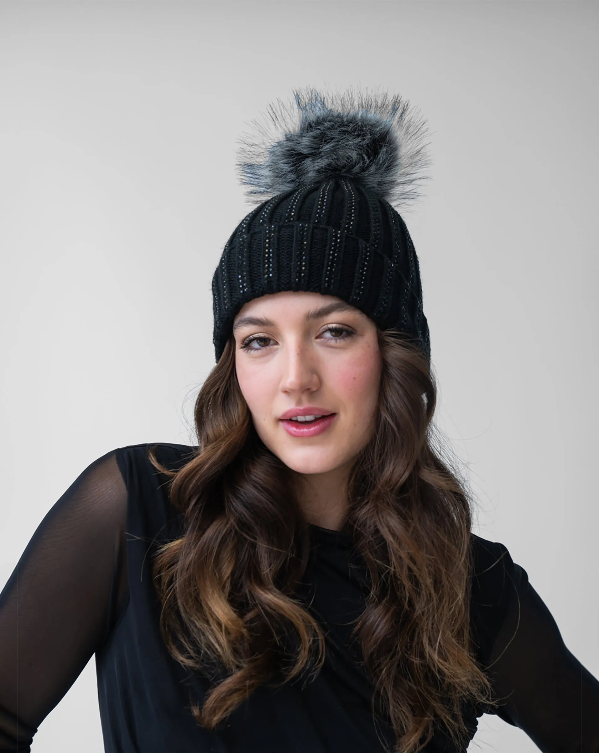FINAL SALE - Cable Knit Crystal & Faux Fur Beanie Hat sold by Adrienne Landau