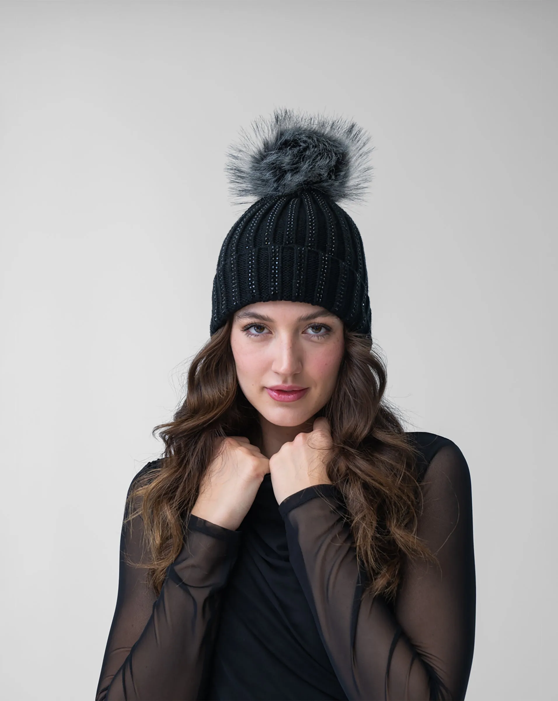 FINAL SALE - Cable Knit Crystal & Faux Fur Beanie Hat sold by Adrienne Landau product image thumbnail 2