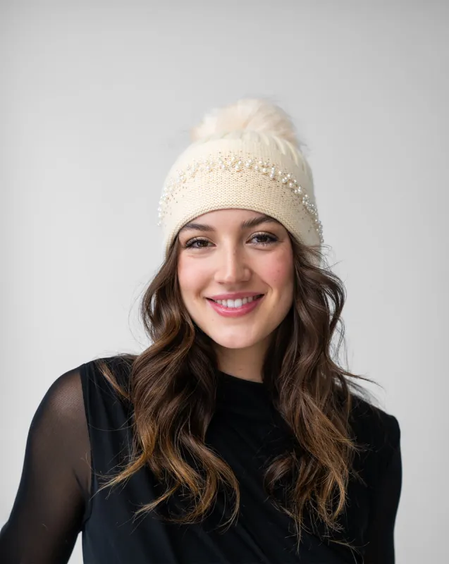 FINAL SALE - Pearl Trim Faux Fur Pom-Pom Knit Beanie Hat sold by Adrienne Landau