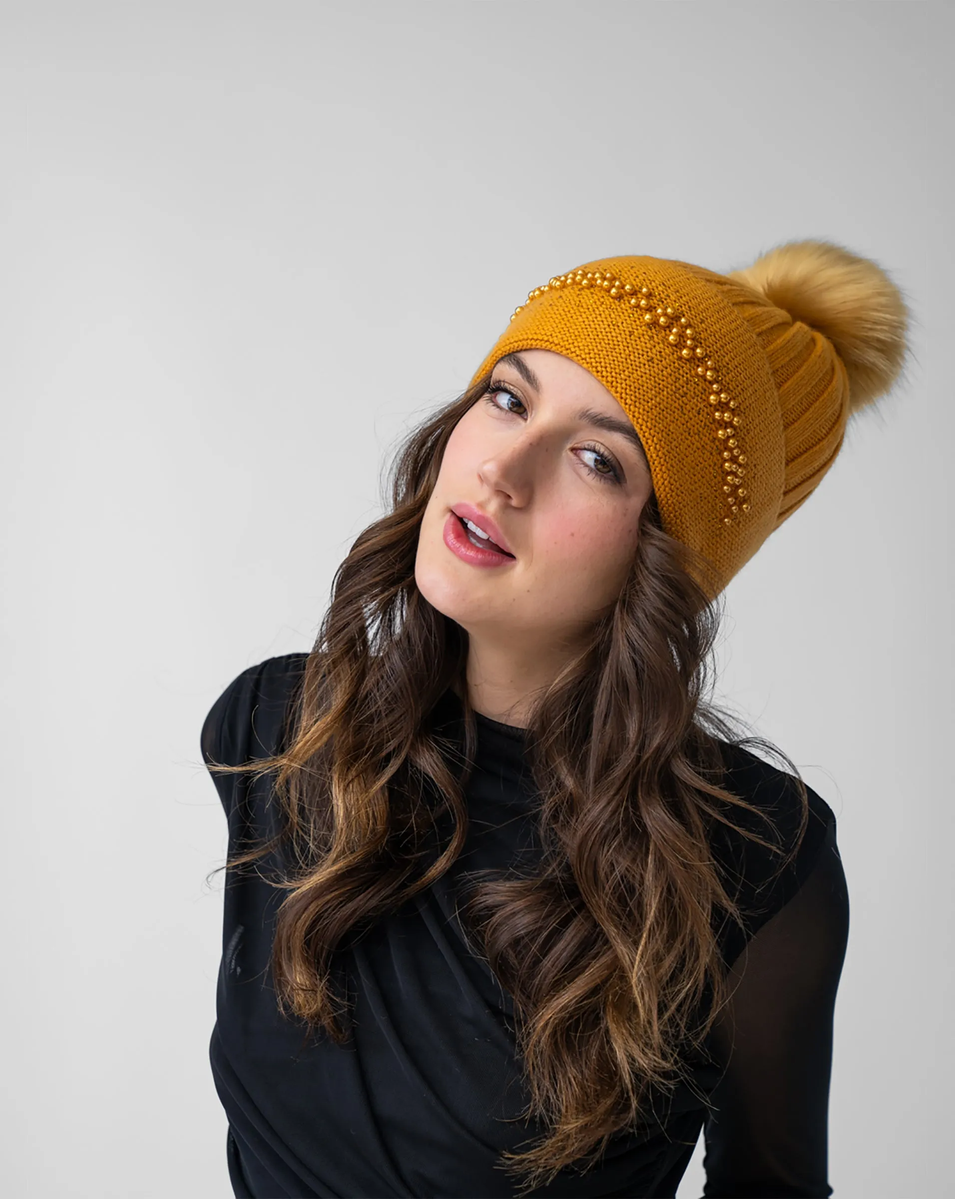 FINAL SALE - Pearl Trim Faux Fur Pom-Pom Knit Beanie Hat sold by Adrienne Landau product image thumbnail 2