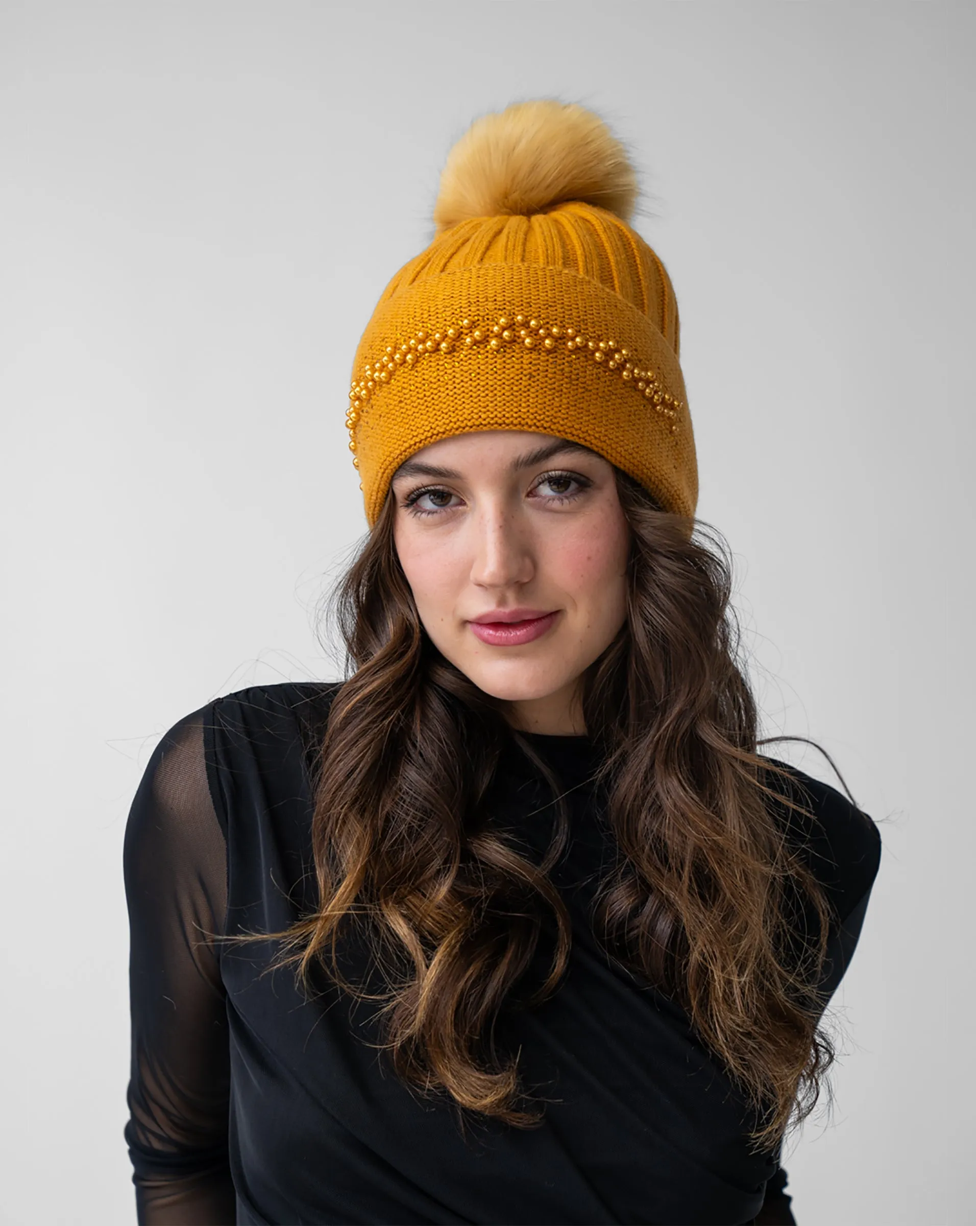 FINAL SALE - Pearl Trim Faux Fur Pom-Pom Knit Beanie Hat sold by Adrienne Landau