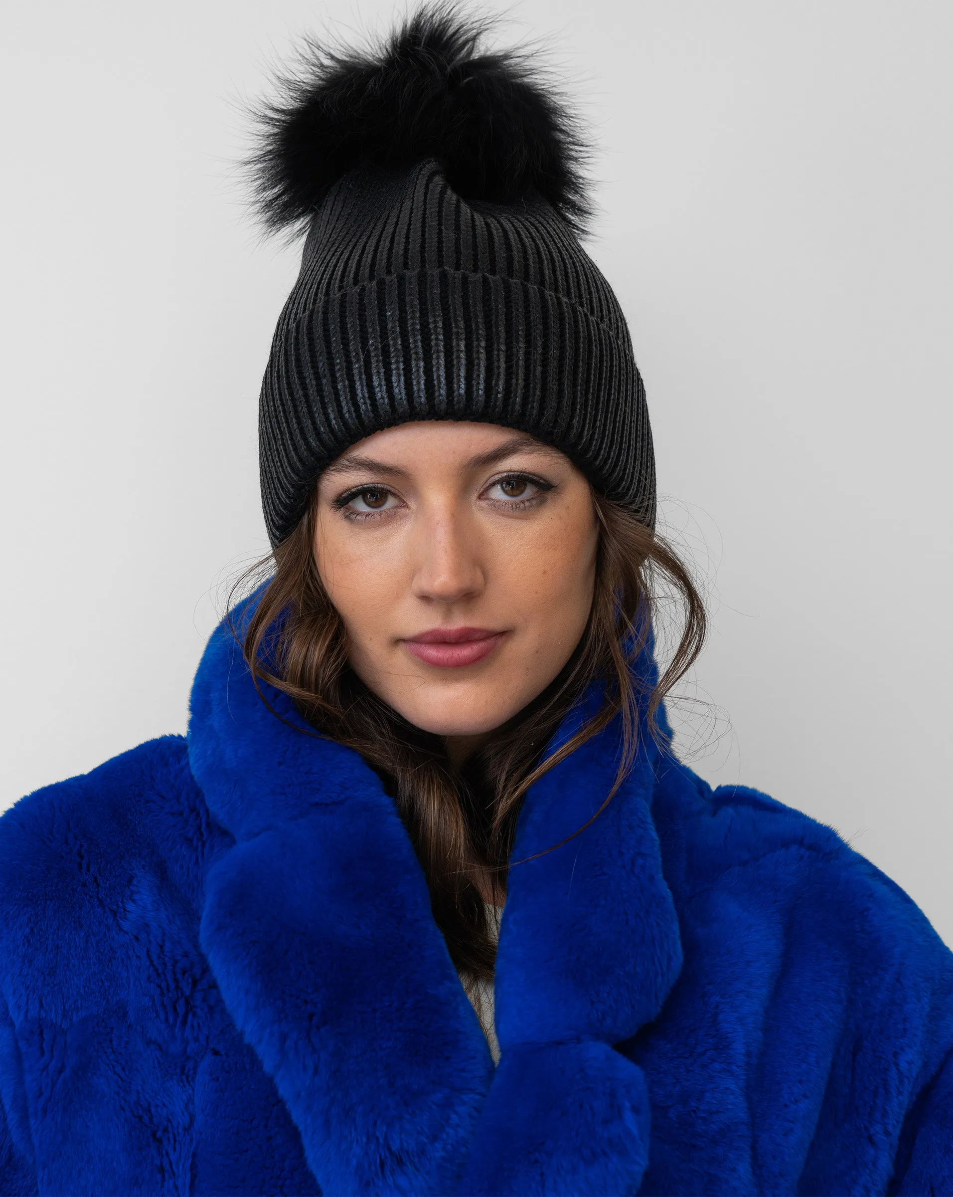 FINAL SALE - Metallic Ribbed Faux Fur Pom-Pom Hat black sold by Adrienne Landau