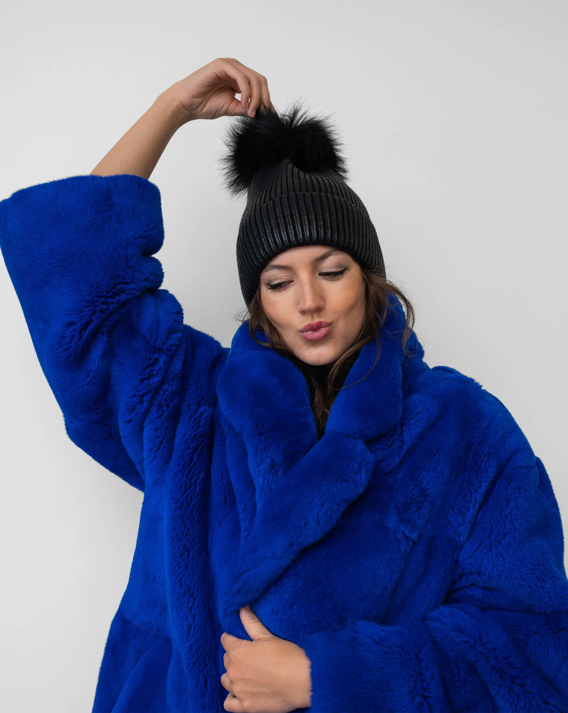 FINAL SALE - Metallic Ribbed Faux Fur Pom-Pom Hat black sold by Adrienne Landau product image thumbnail 2