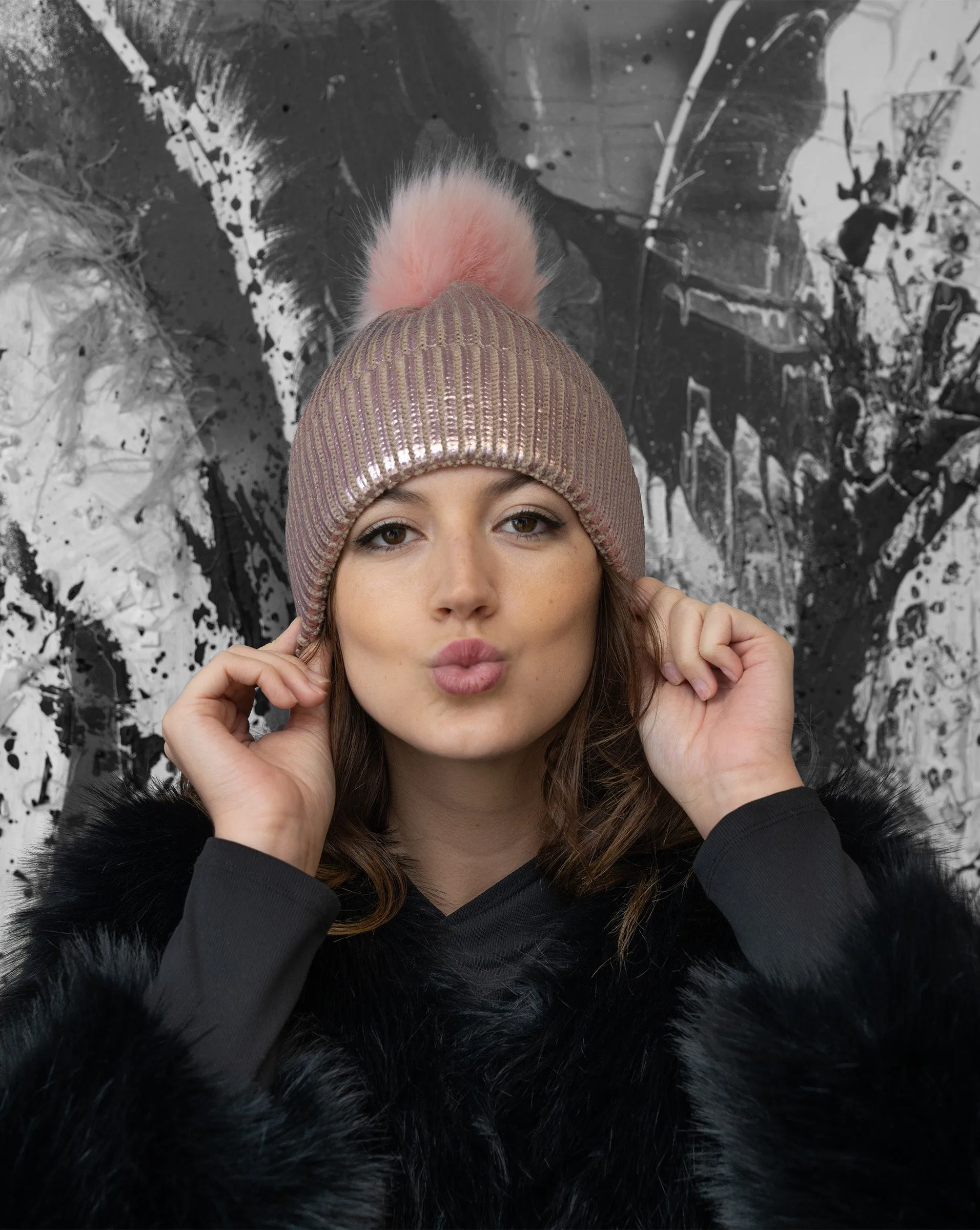 FINAL SALE - Metallic Ribbed Faux Fur Pom-Pom Hat sold by Adrienne Landau product image thumbnail 2