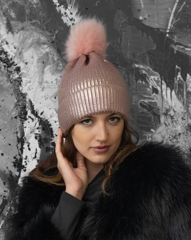 FINAL SALE - Metallic Ribbed Faux Fur Pom-Pom Hat sold by Adrienne Landau