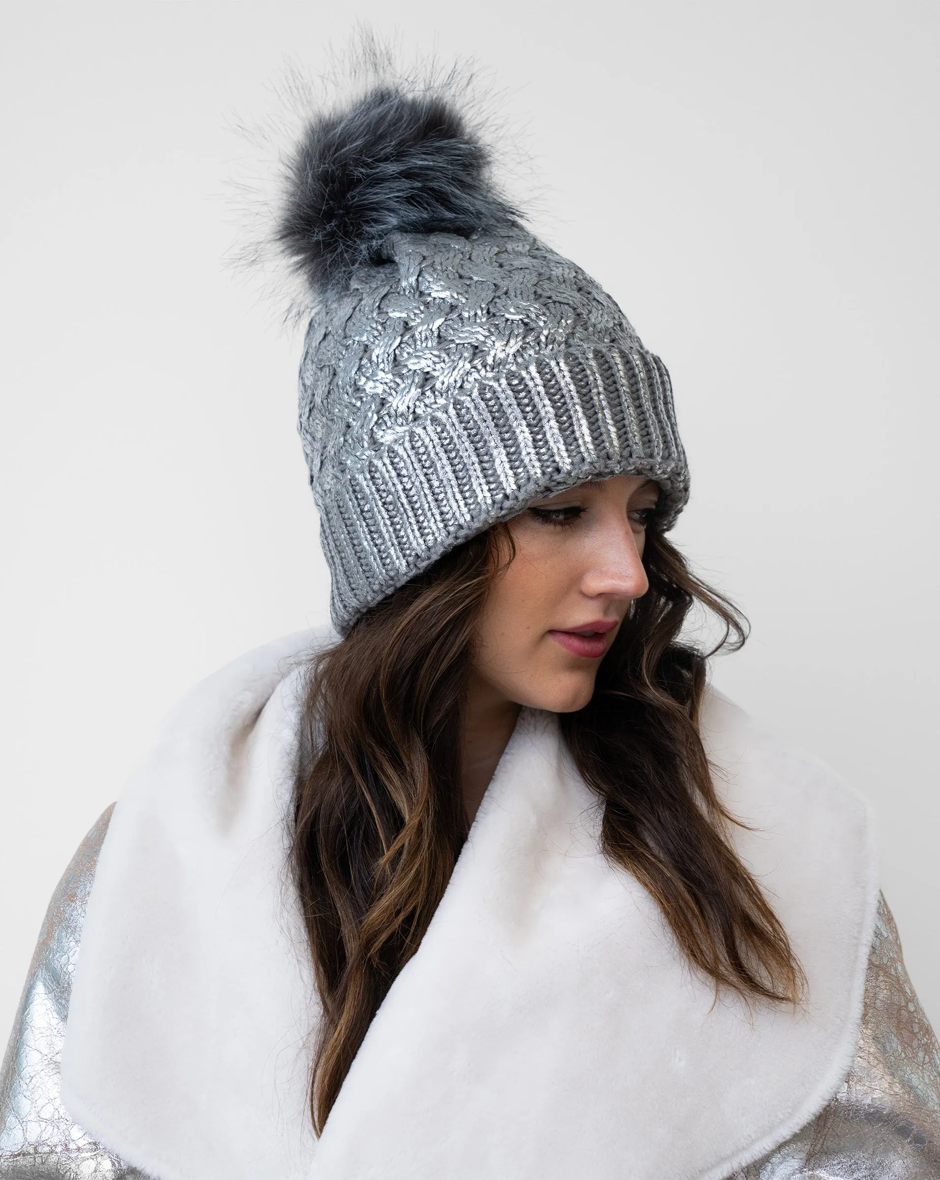 FINAL SALE - Metallic Cable Stitch Faux Fur Pom-Pom Hat sold by Adrienne Landau product image thumbnail 2