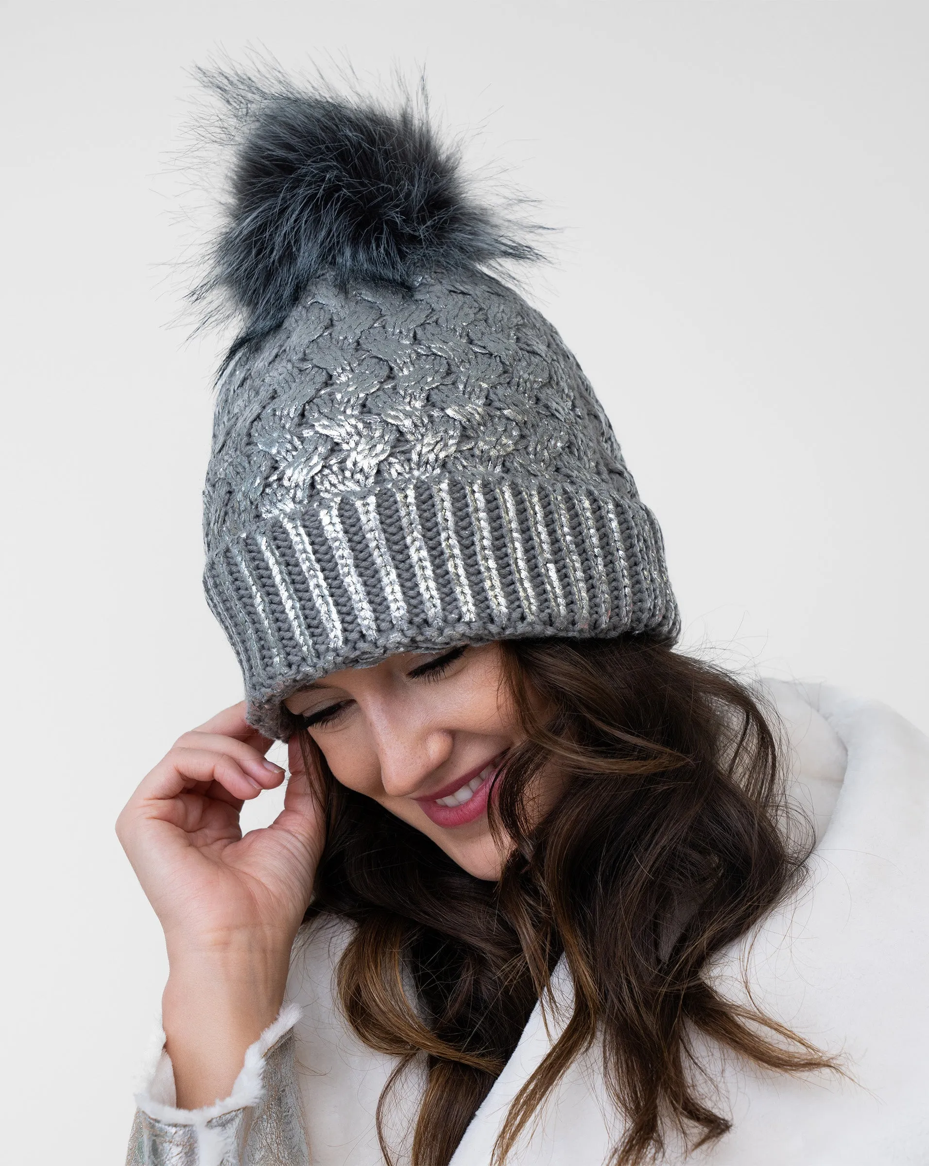 FINAL SALE - Metallic Cable Stitch Faux Fur Pom-Pom Hat sold by Adrienne Landau