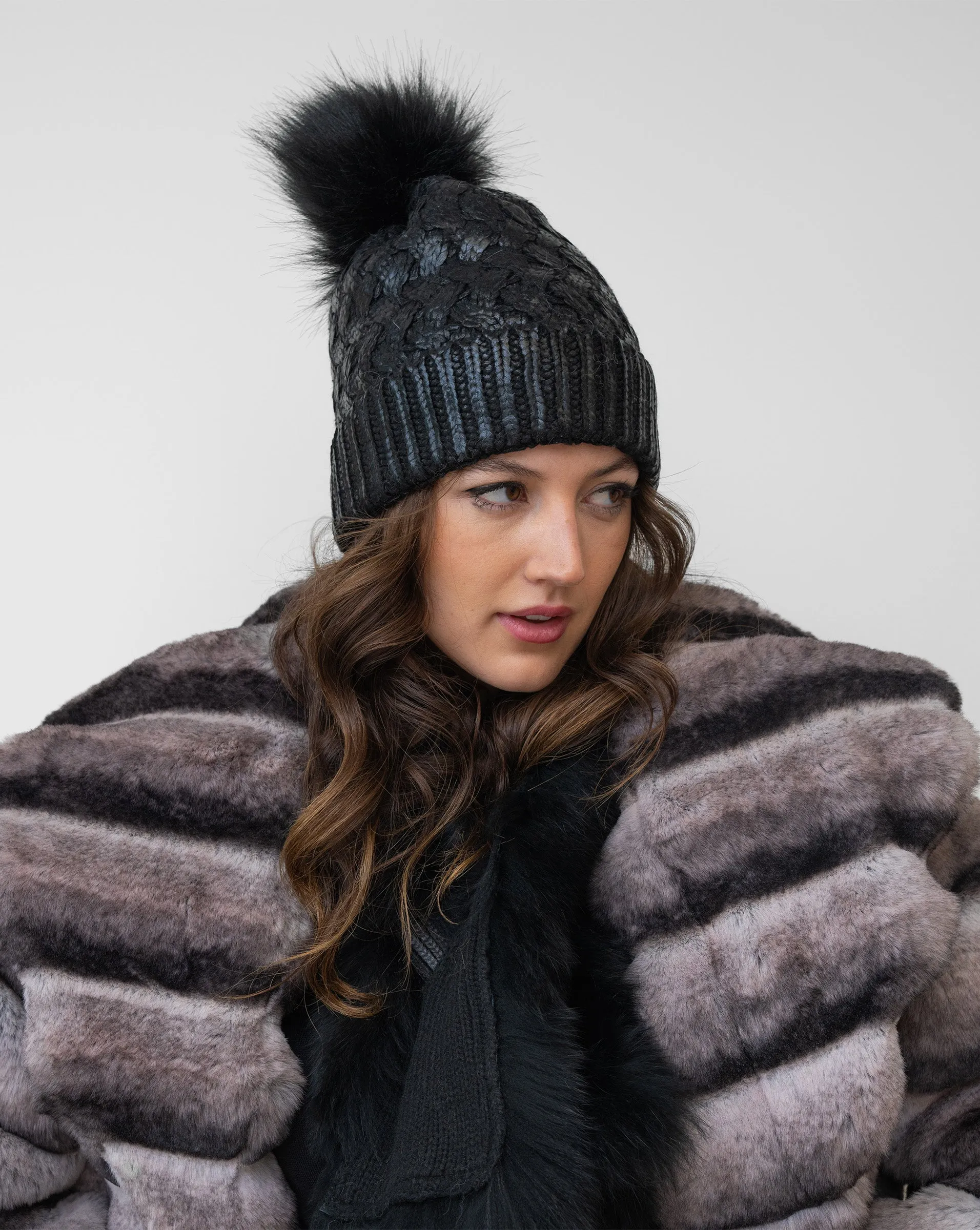 FINAL SALE - Metallic Cable Stitch Faux Fur Pom-Pom Hat sold by Adrienne Landau