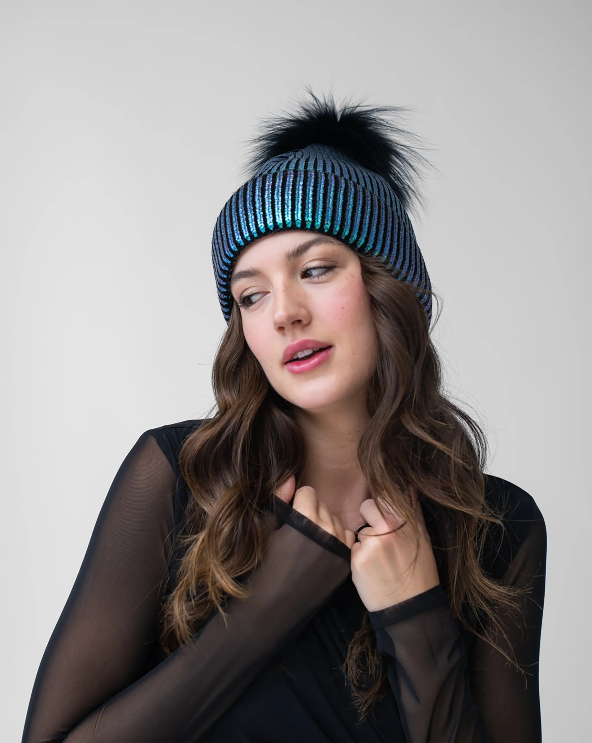 FINAL SALE - Metallic Ribbed Faux Fur Pom-Pom Hat sold by Adrienne Landau product image thumbnail 2
