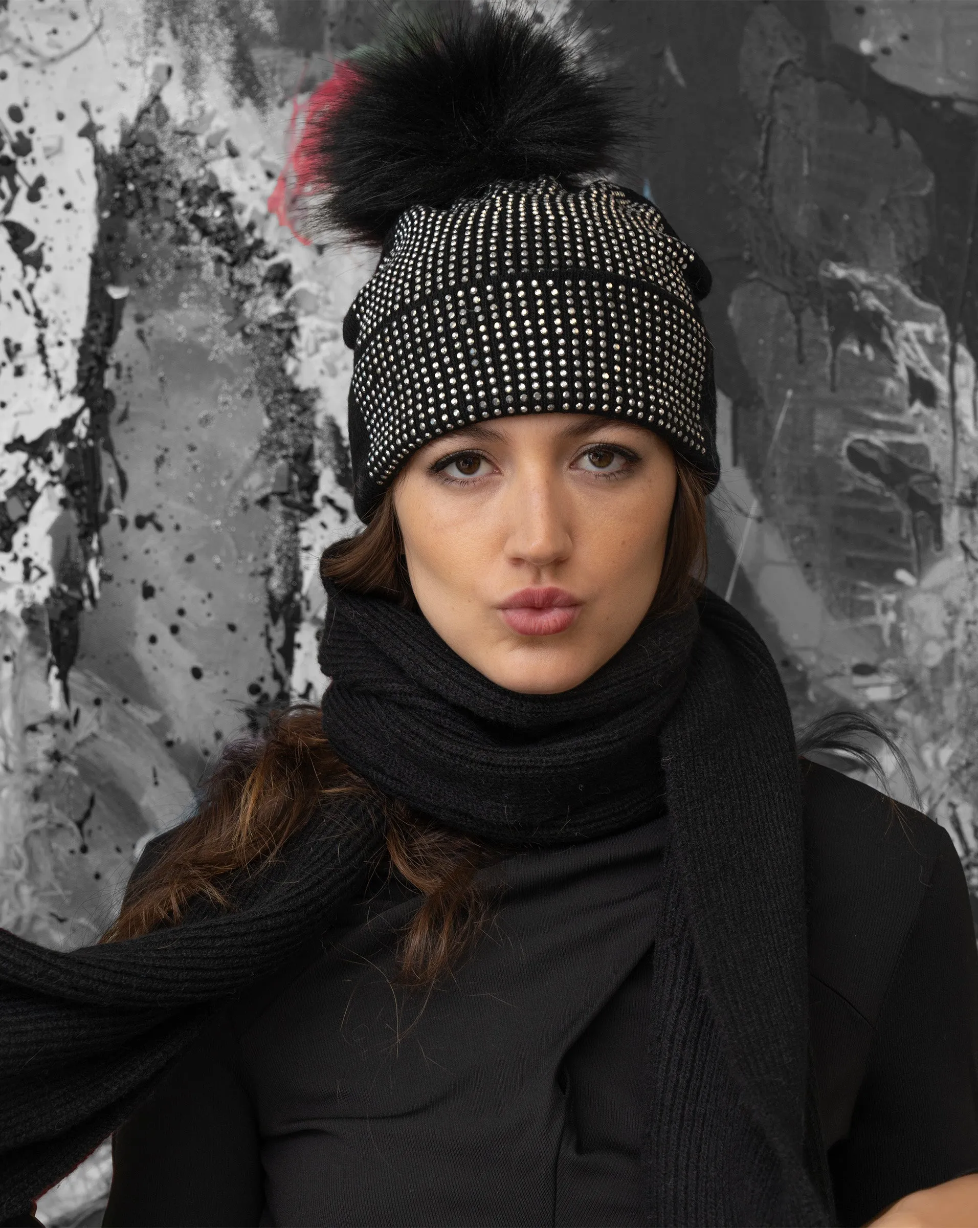 FINAL SALE - Crystal Beanie Hat with Faux Fur Pom-Pom sold by Adrienne Landau