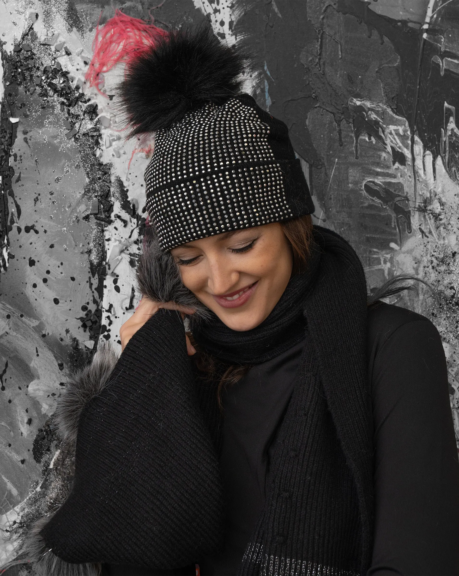 FINAL SALE - Crystal Beanie Hat with Faux Fur Pom-Pom sold by Adrienne Landau product image thumbnail 2