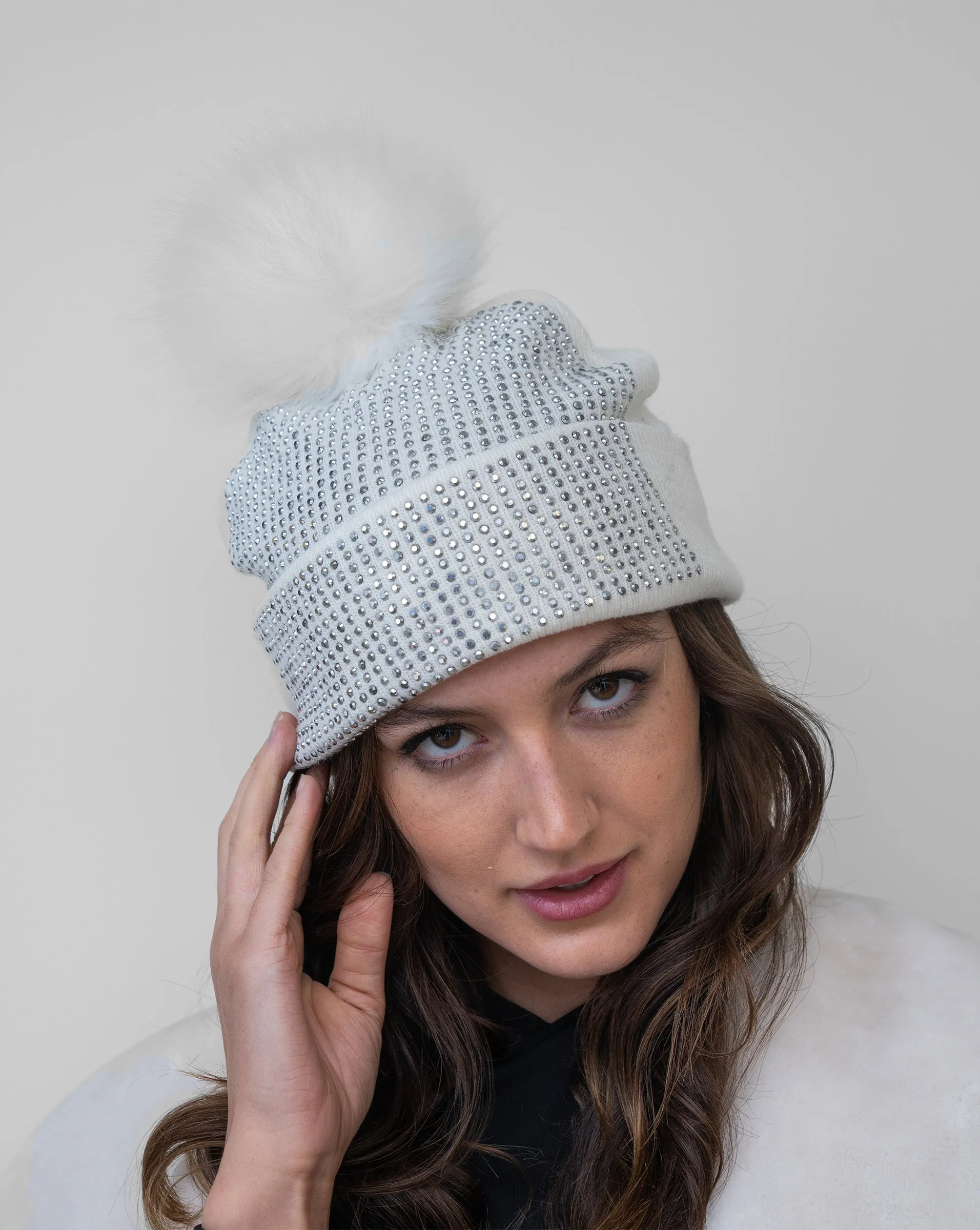 FINAL SALE - Crystal Beanie Hat with Faux Fur Pom-Pom sold by Adrienne Landau product image thumbnail 2