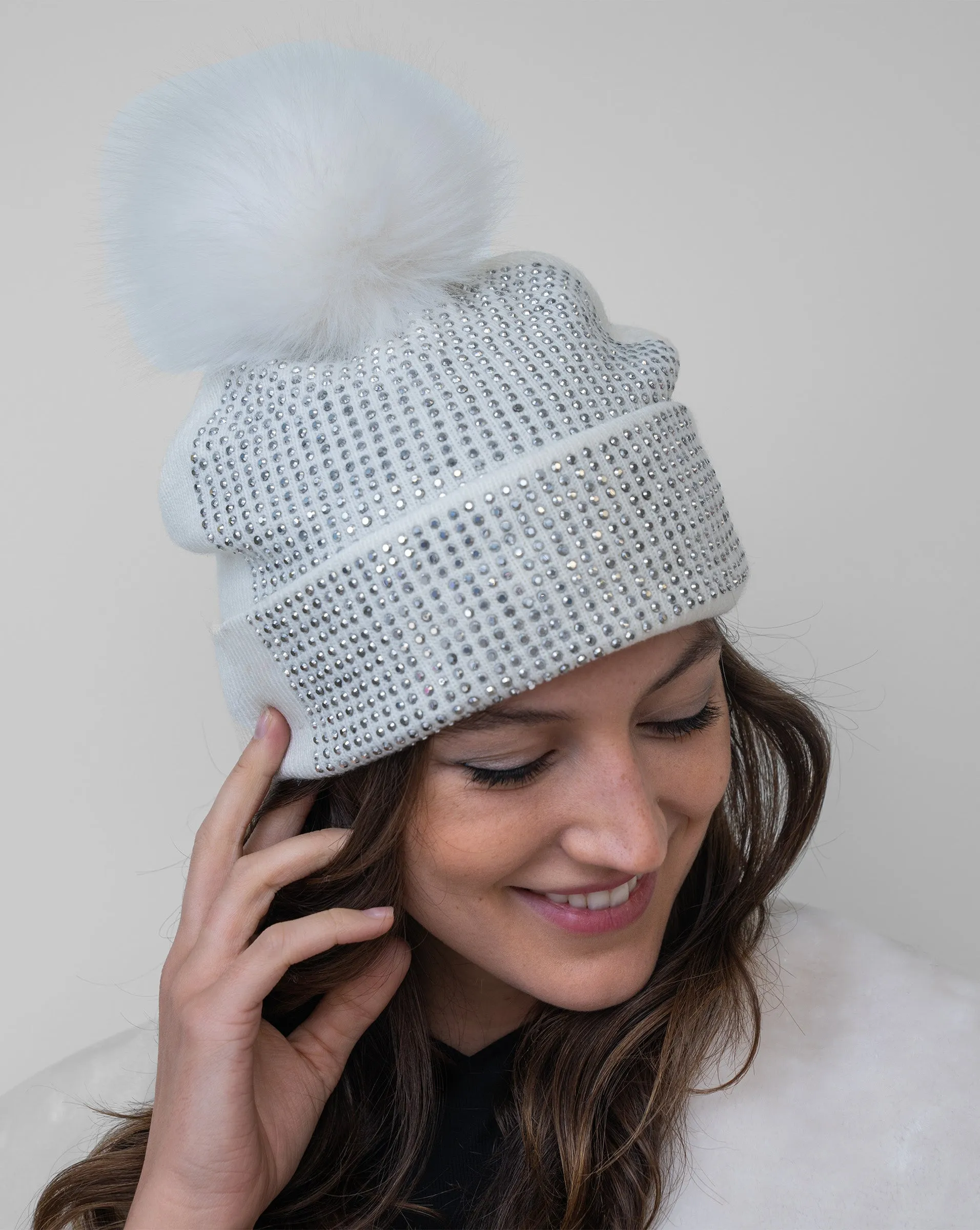 FINAL SALE - Crystal Beanie Hat with Faux Fur Pom-Pom sold by Adrienne Landau
