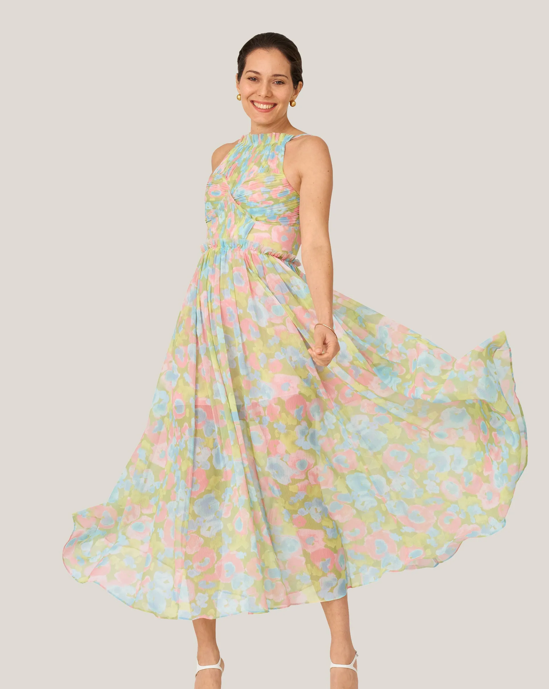 Floral Pleated Bodice Halter Midi Dress sold by Adrienne Landau