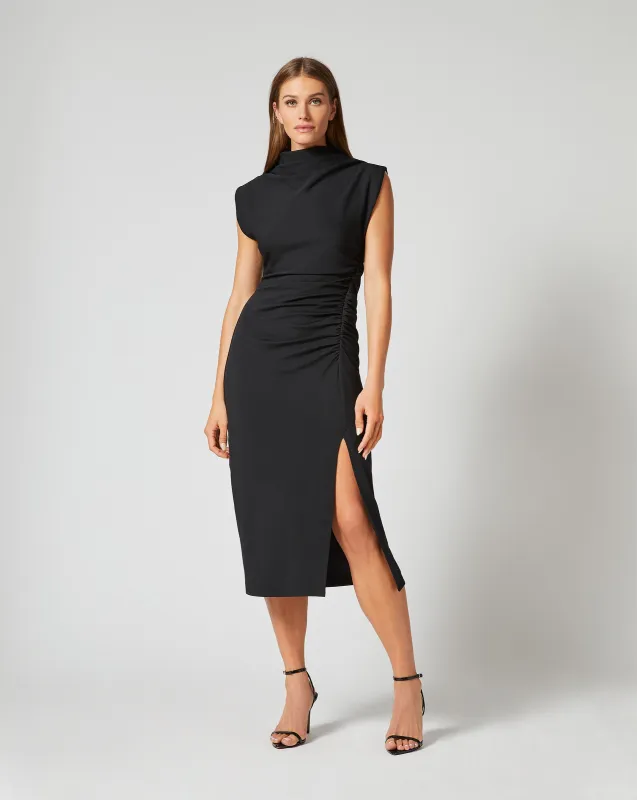 Draped Mock Neck Midi Dress Black sold by Adrienne Landau