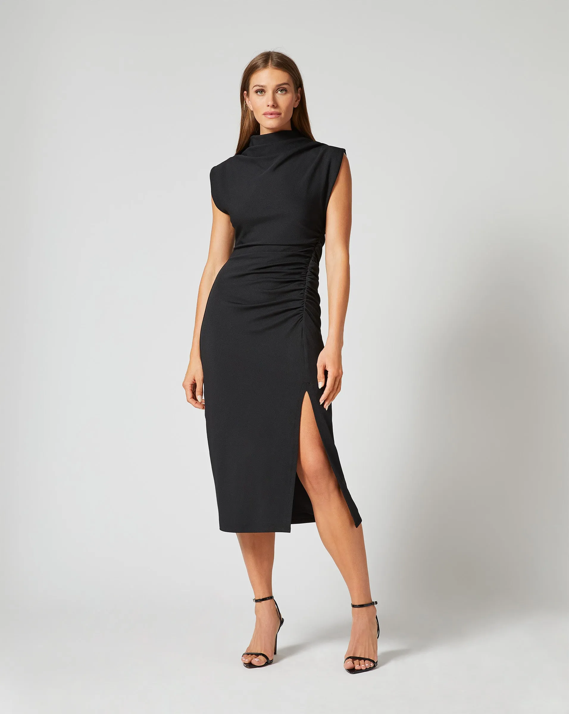 Draped Mock Neck Midi Dress Black sold by Adrienne Landau
