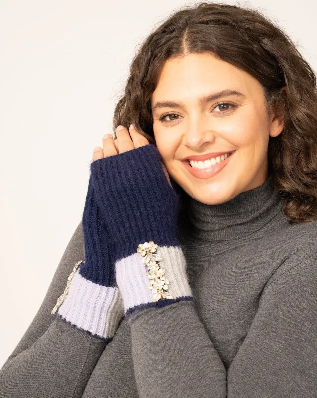 Knit Fingerless Gloves with Crystals Navy sold by Adrienne Landau