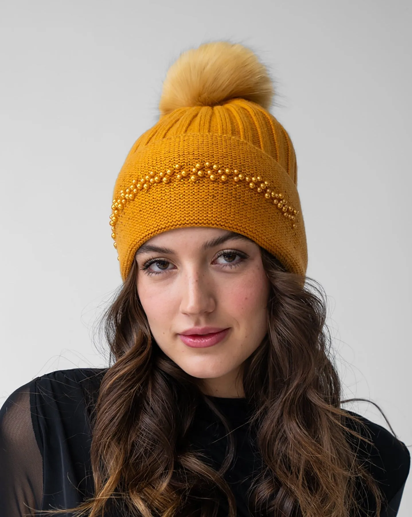 Pearl Trim Faux Fur Pom-Pom Knit Hat sold by Adrienne Landau