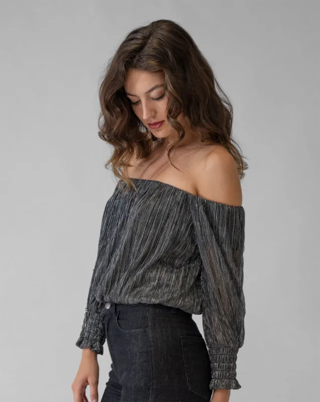 Metallic Mesh Off the Shoulder Top sold by Adrienne Landau