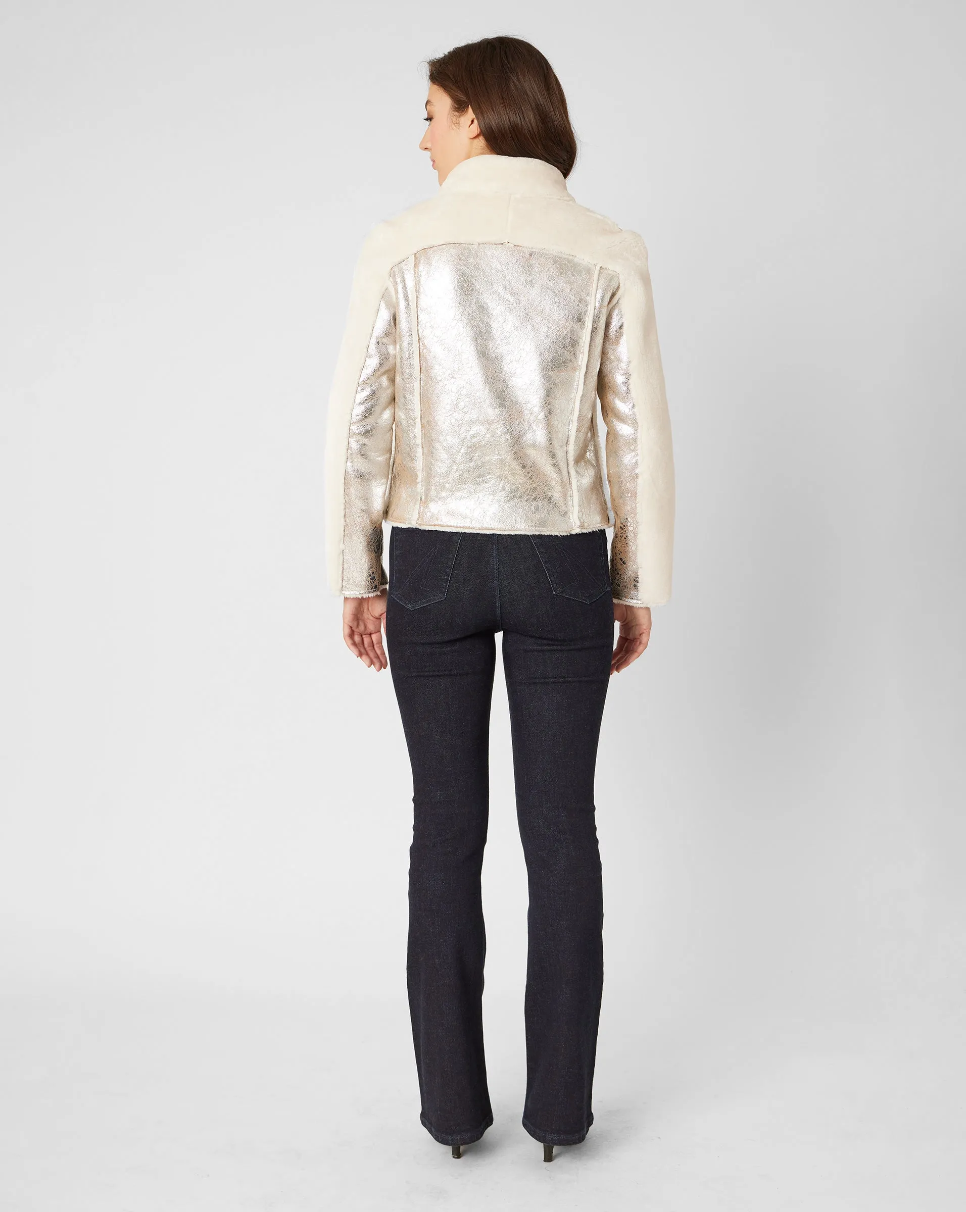 Moonstone Metallic Faux Shearling Moto Jacket sold by Adrienne Landau product image thumbnail 3