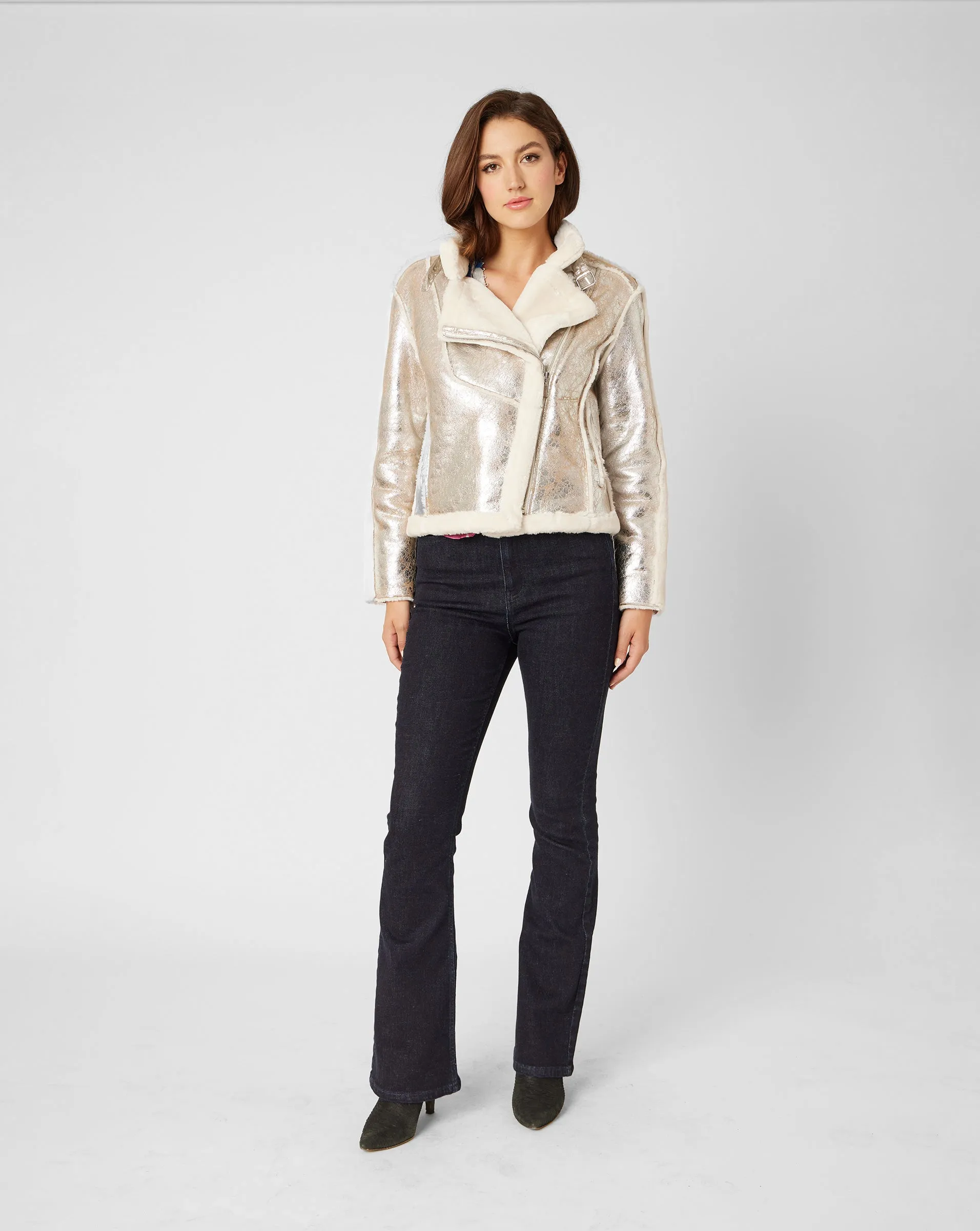 Moonstone Metallic Faux Shearling Moto Jacket sold by Adrienne Landau product image thumbnail 2