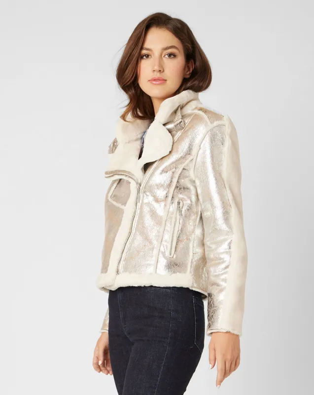 Moonstone Metallic Faux Shearling Moto Jacket sold by Adrienne Landau
