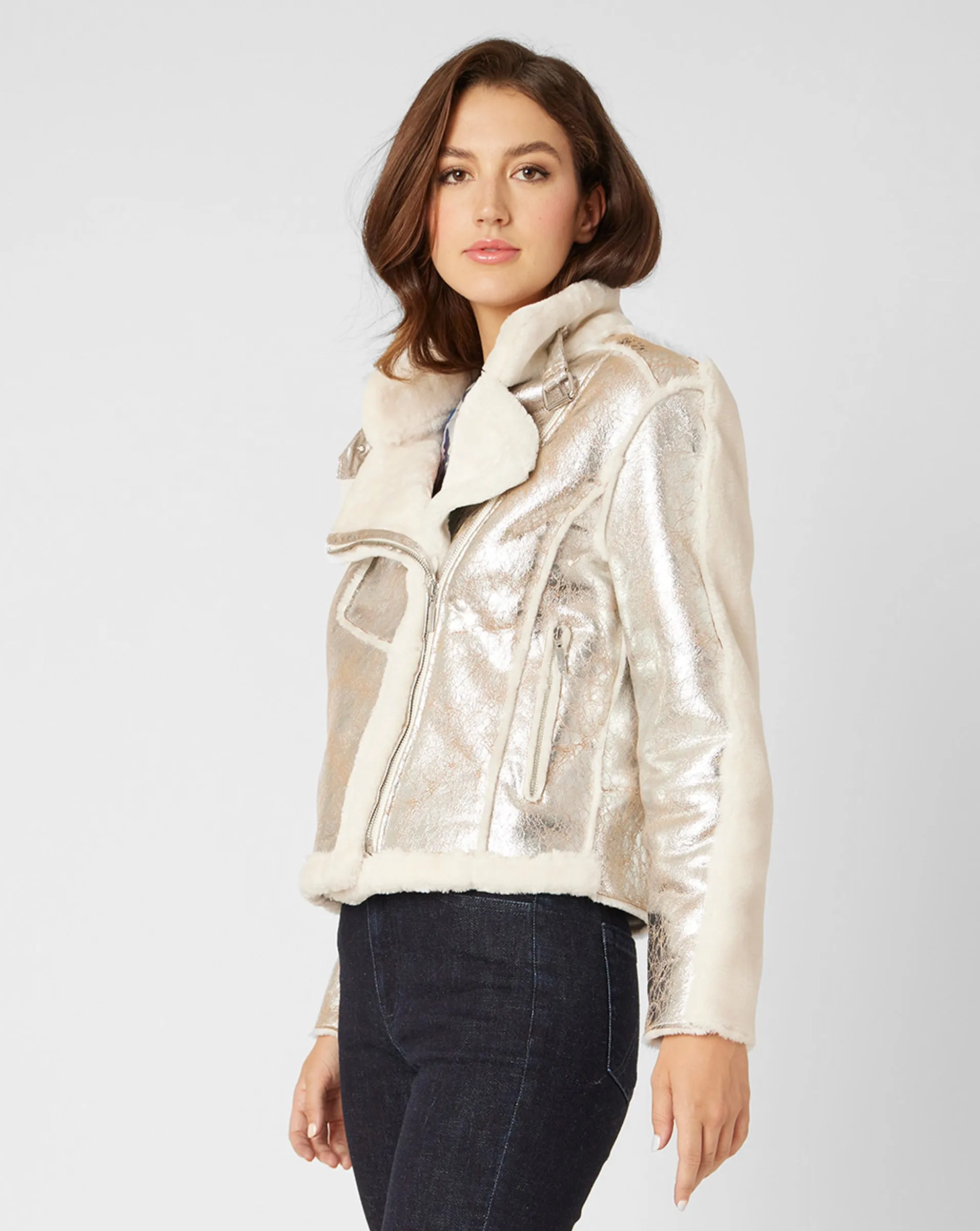 Moonstone Metallic Faux Shearling Moto Jacket sold by Adrienne Landau