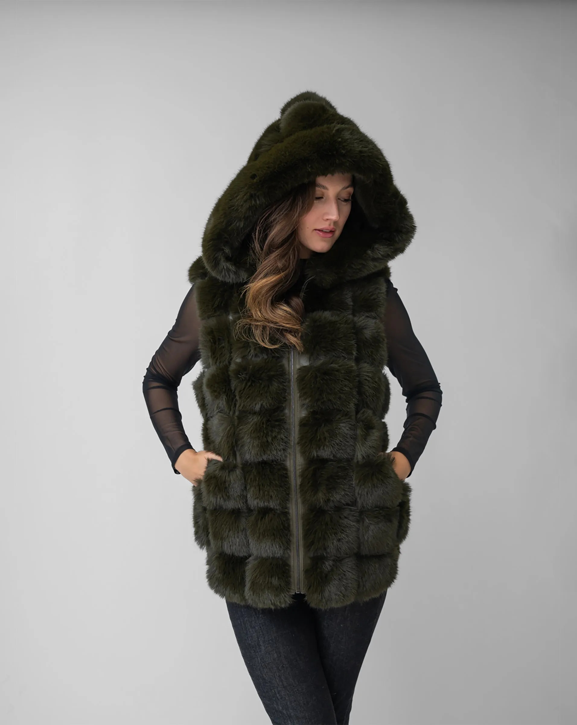 Faux Fur & Faux Leather Hooded Vest sold by Adrienne Landau product image thumbnail 4