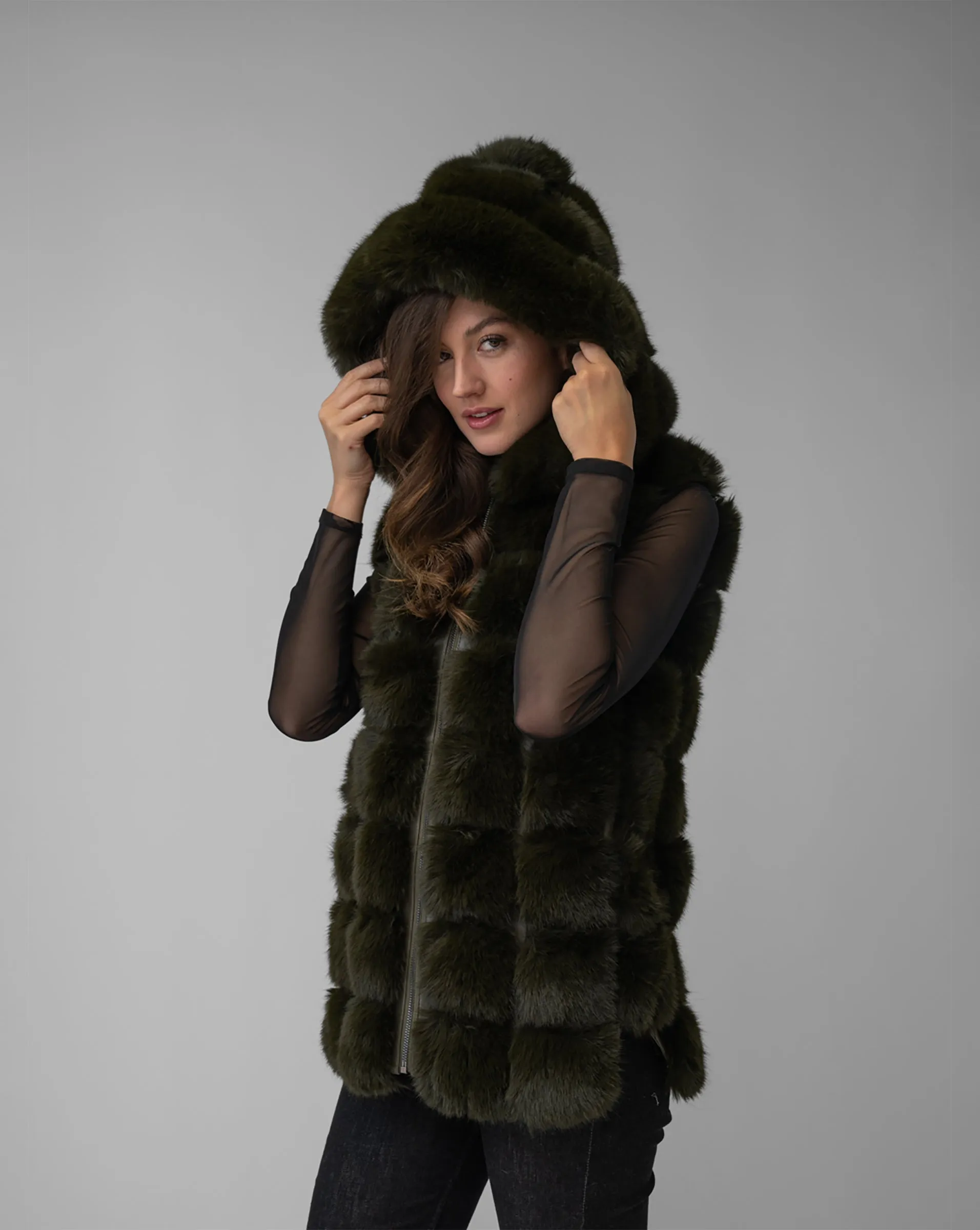 Faux Fur & Faux Leather Hooded Vest sold by Adrienne Landau product image thumbnail 3