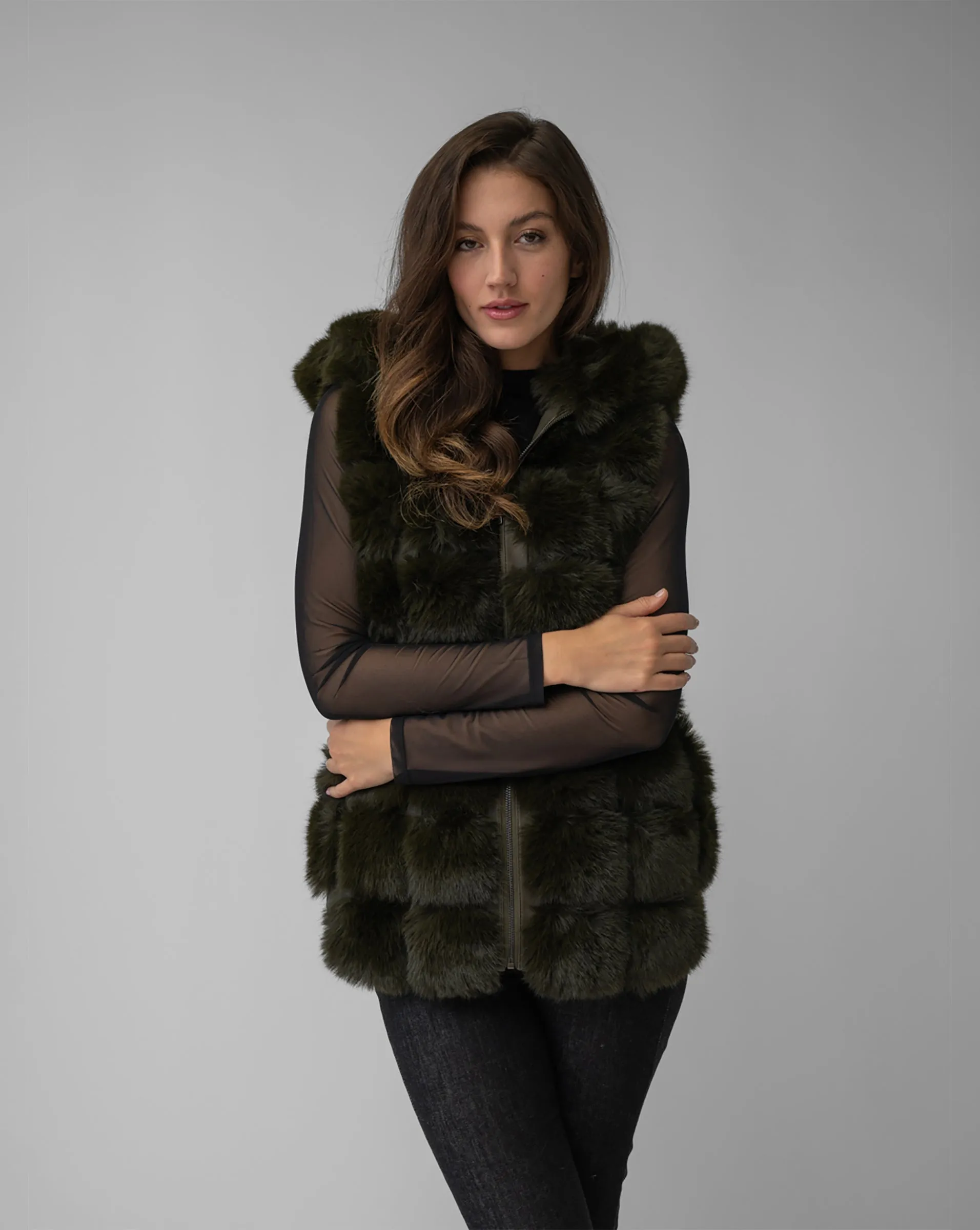 Faux Fur & Faux Leather Hooded Vest sold by Adrienne Landau product image thumbnail 2
