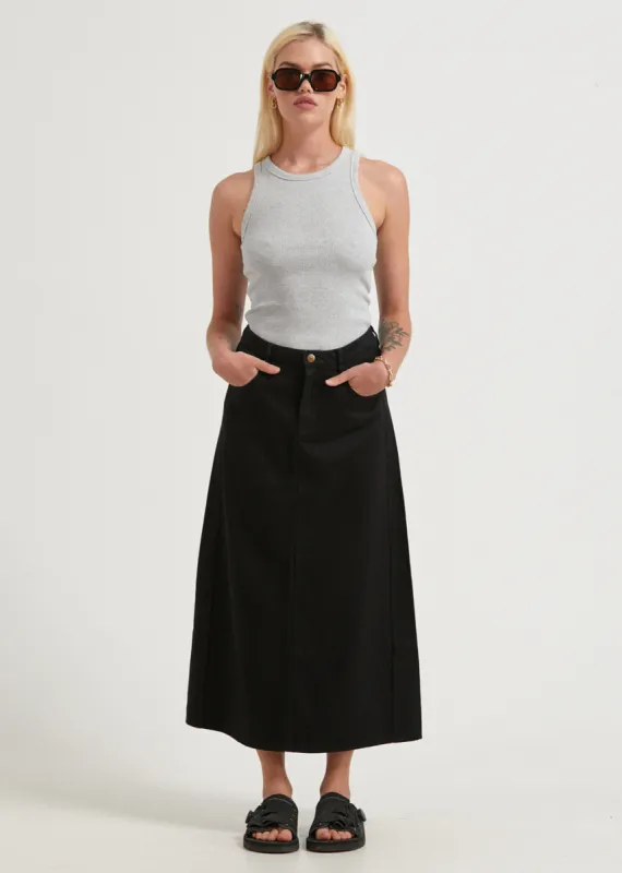 AFENDS Womens Nina - Twill High Rise Midi Skirt - Black sold by Afends