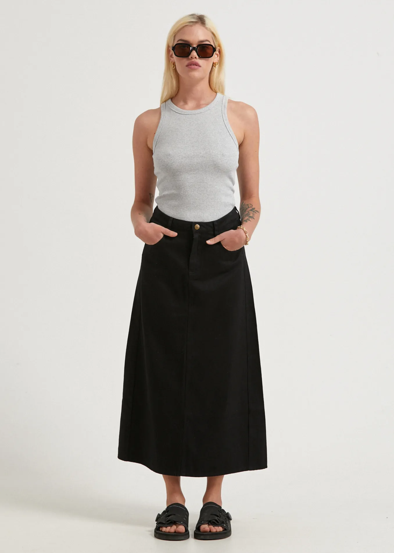 AFENDS Womens Nina - Twill High Rise Midi Skirt - Black sold by Afends