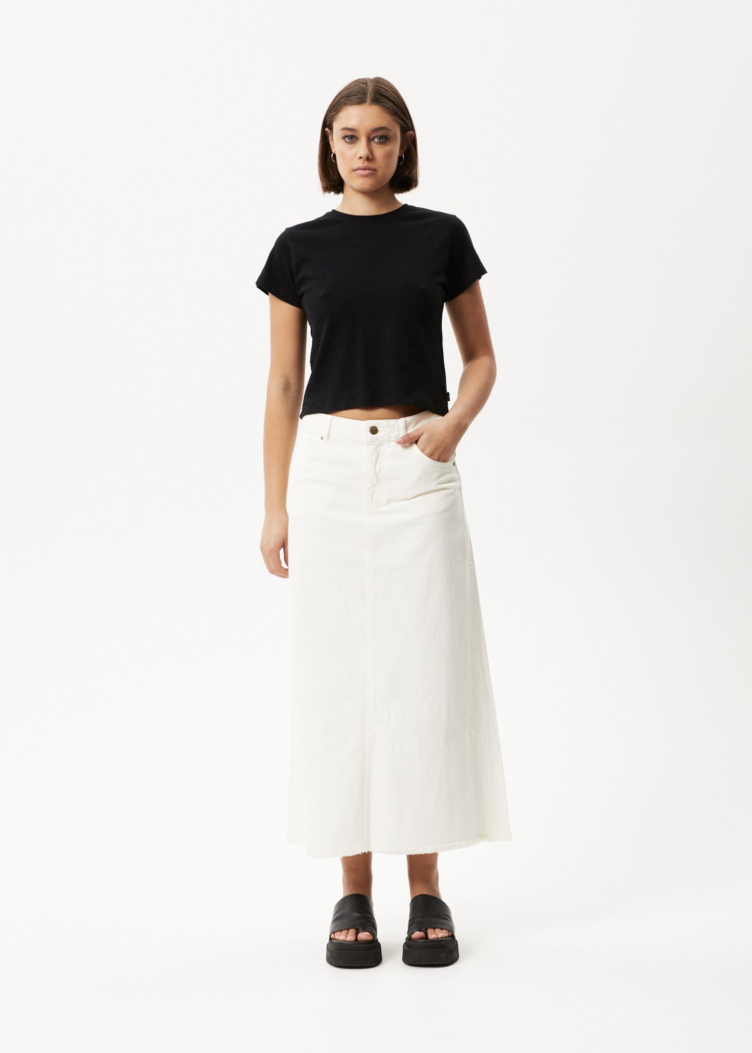 Afends Womens Chichi - Organic Denim Midi Skirt - Off White sold by Afends