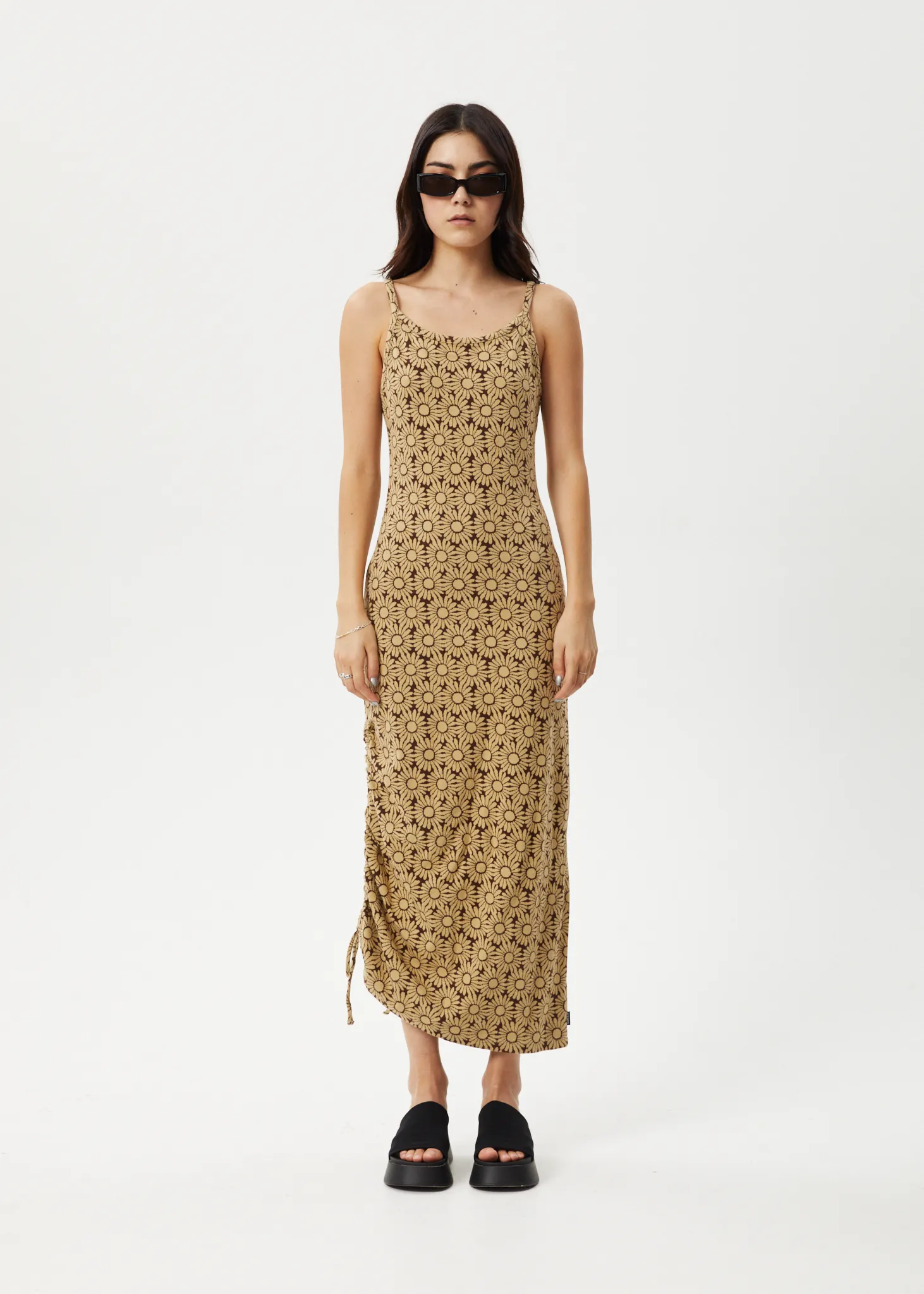 AFENDS Womens Daisy - Gathered Floral Maxi Dress - Toffee sold by Afends