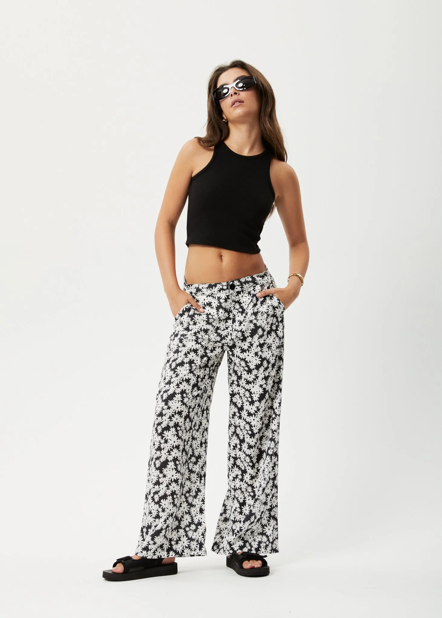 AFENDS Womens Benny Sienna - Wide Leg Pant - Black Daisy sold by Afends
