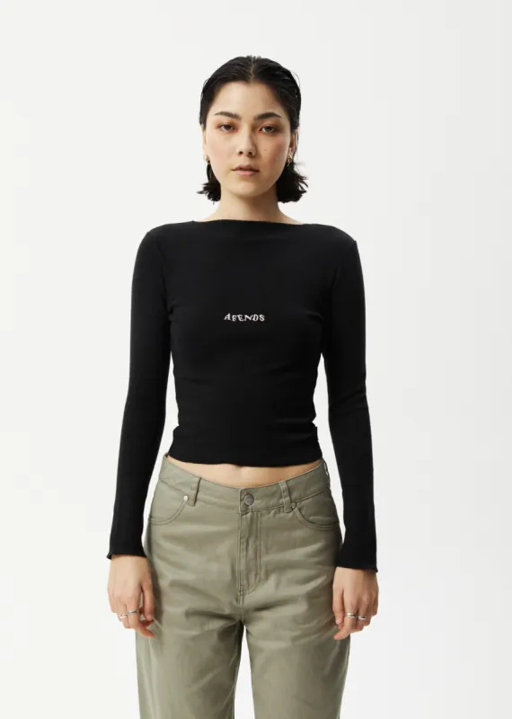 AFENDS Womens Day Dream Peony - Ribbed Long Sleeve Top - Black sold by Afends