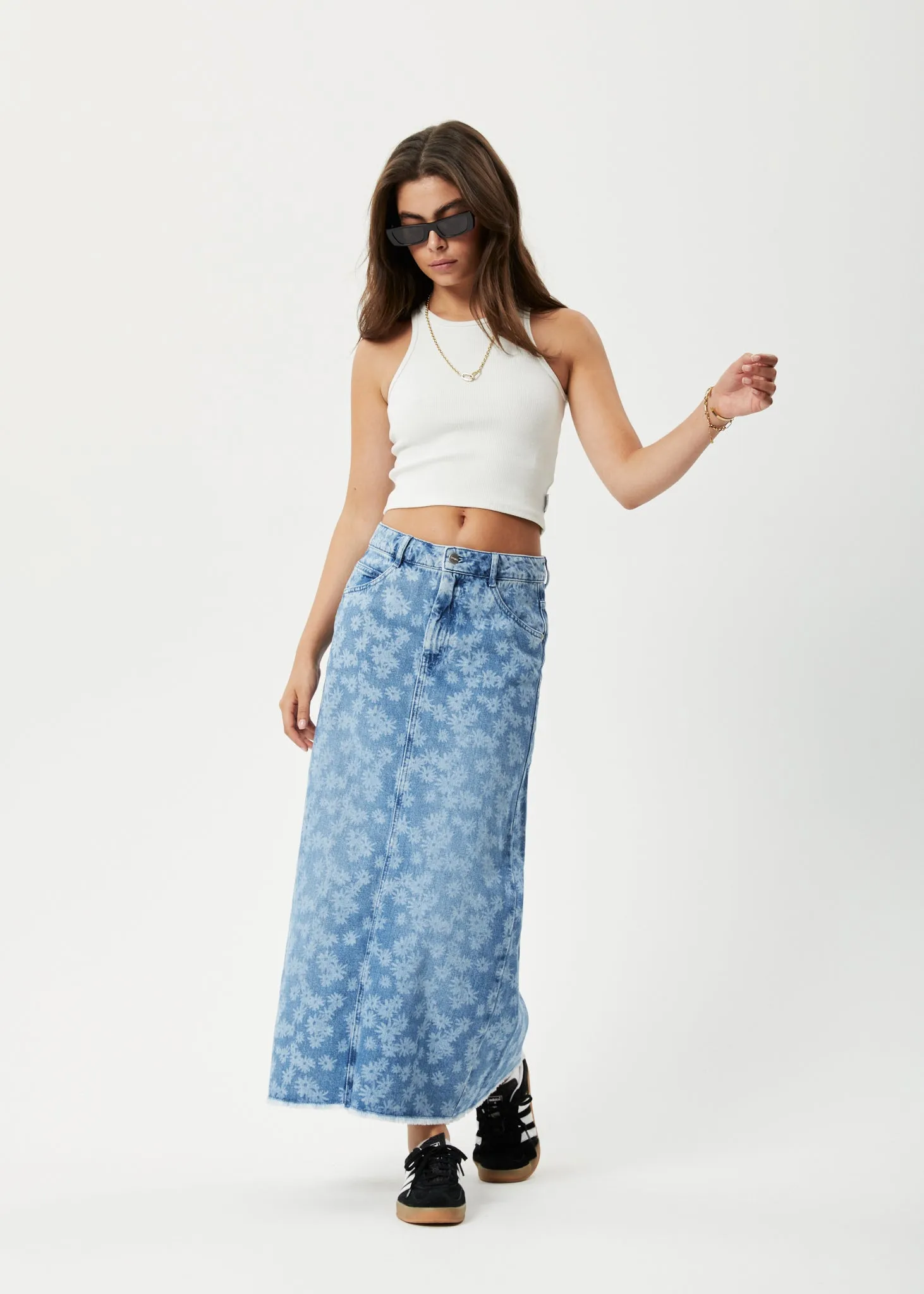 AFENDS Womens Fink Chichi - Denim Midi Skirt - Worn Blue Daisy sold by Afends