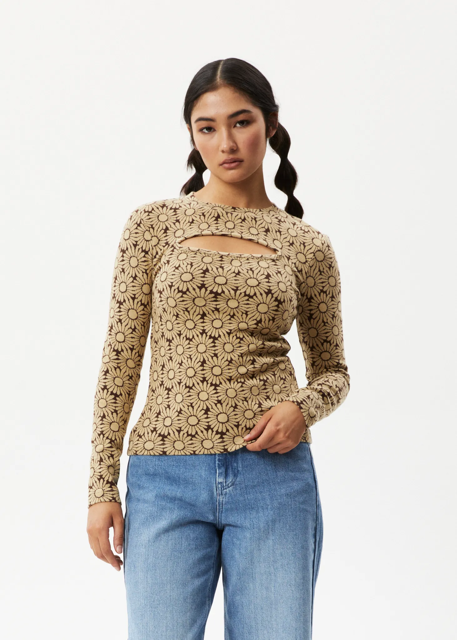 AFENDS Womens Daisy - Long Sleeve Cut Out Top - Toffee sold by Afends