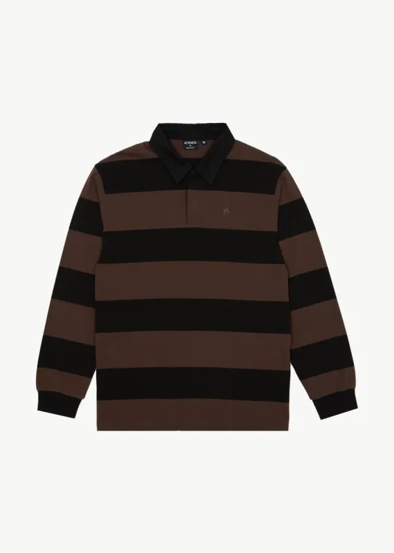AFENDS Mens Nation - Polo Long Sleeve T-Shirt - Coffee Stripe sold by Afends