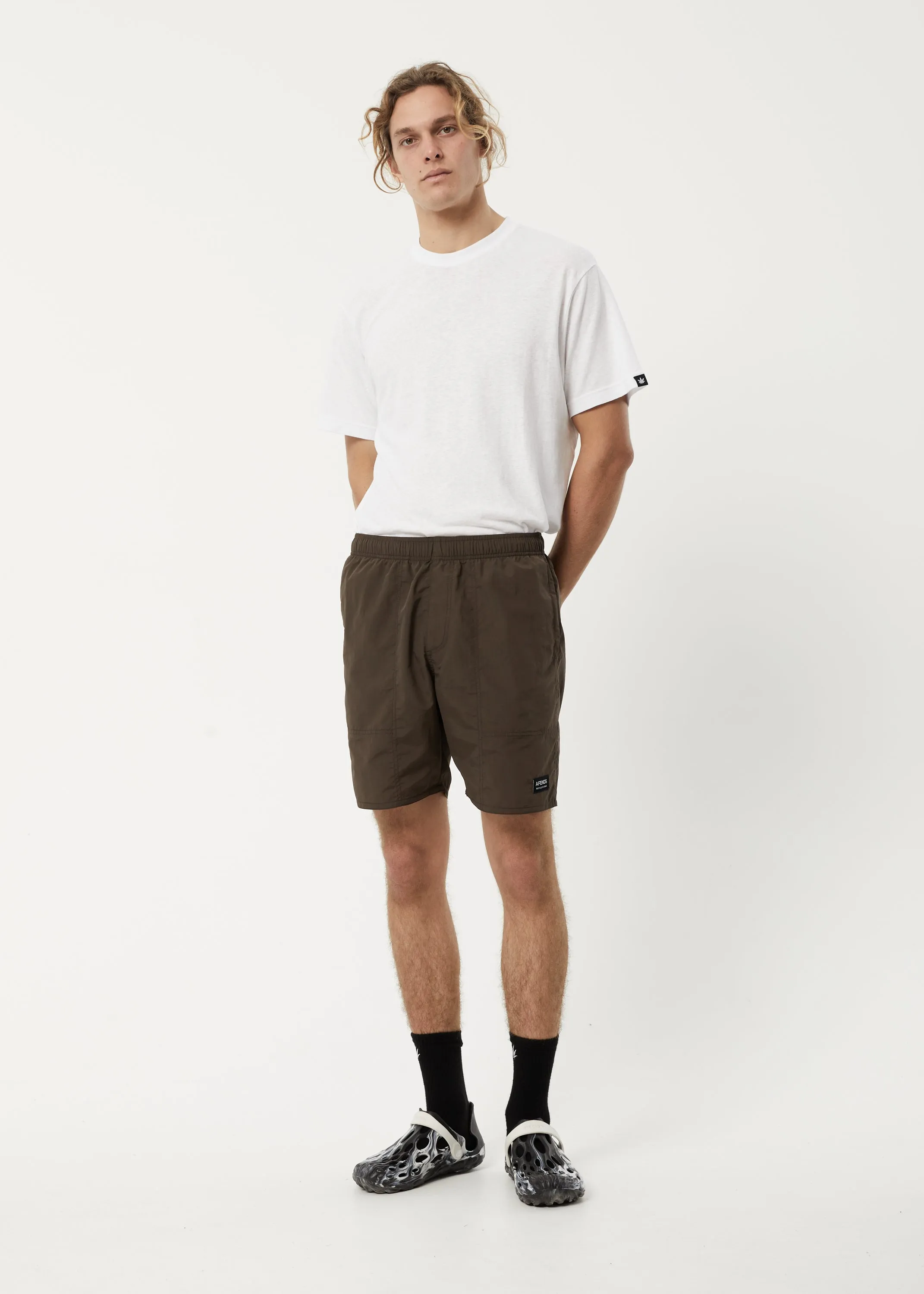 AFENDS Mens Baywatch Misprint - Elastic Waist Shorts - Coffee sold by Afends