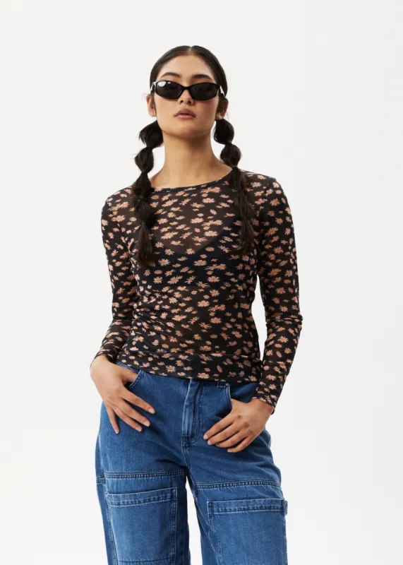 AFENDS Womens Hazey - Sheer Long Sleeve Top - Black Floral sold by Afends