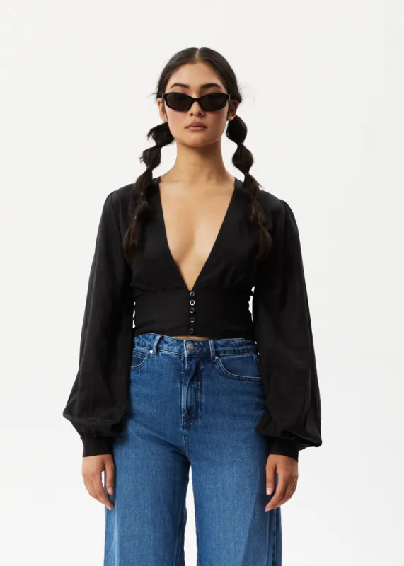 AFENDS Womens Lilo - Long Sleeve Button Up Top - Black sold by Afends