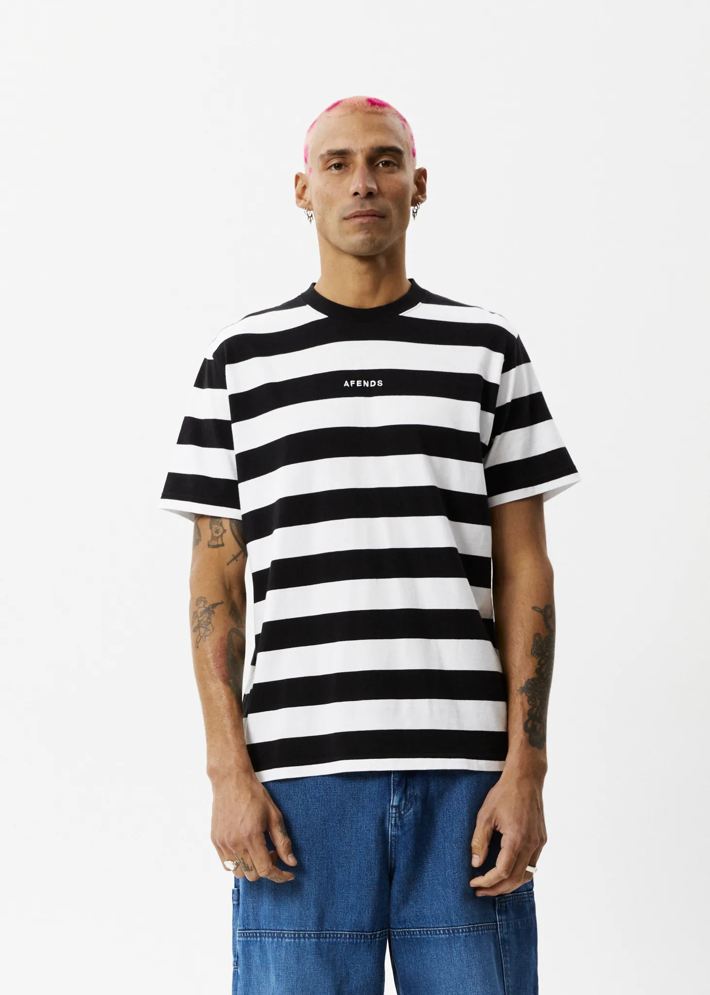 AFENDS Mens Needle - Retro Logo T-Shirt - Black Stripe sold by Afends