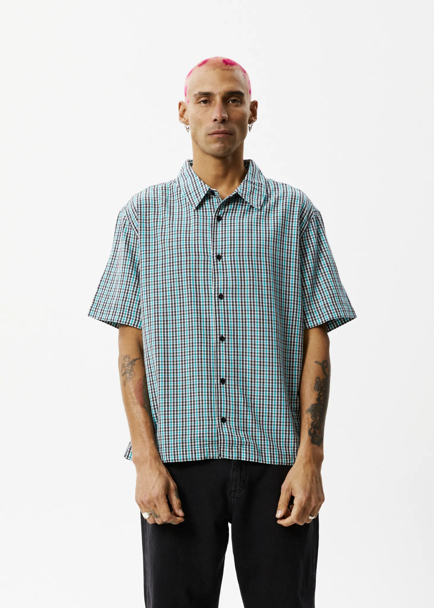 AFENDS Mens Checkers - Check Short Sleeve Shirt - Black sold by Afends