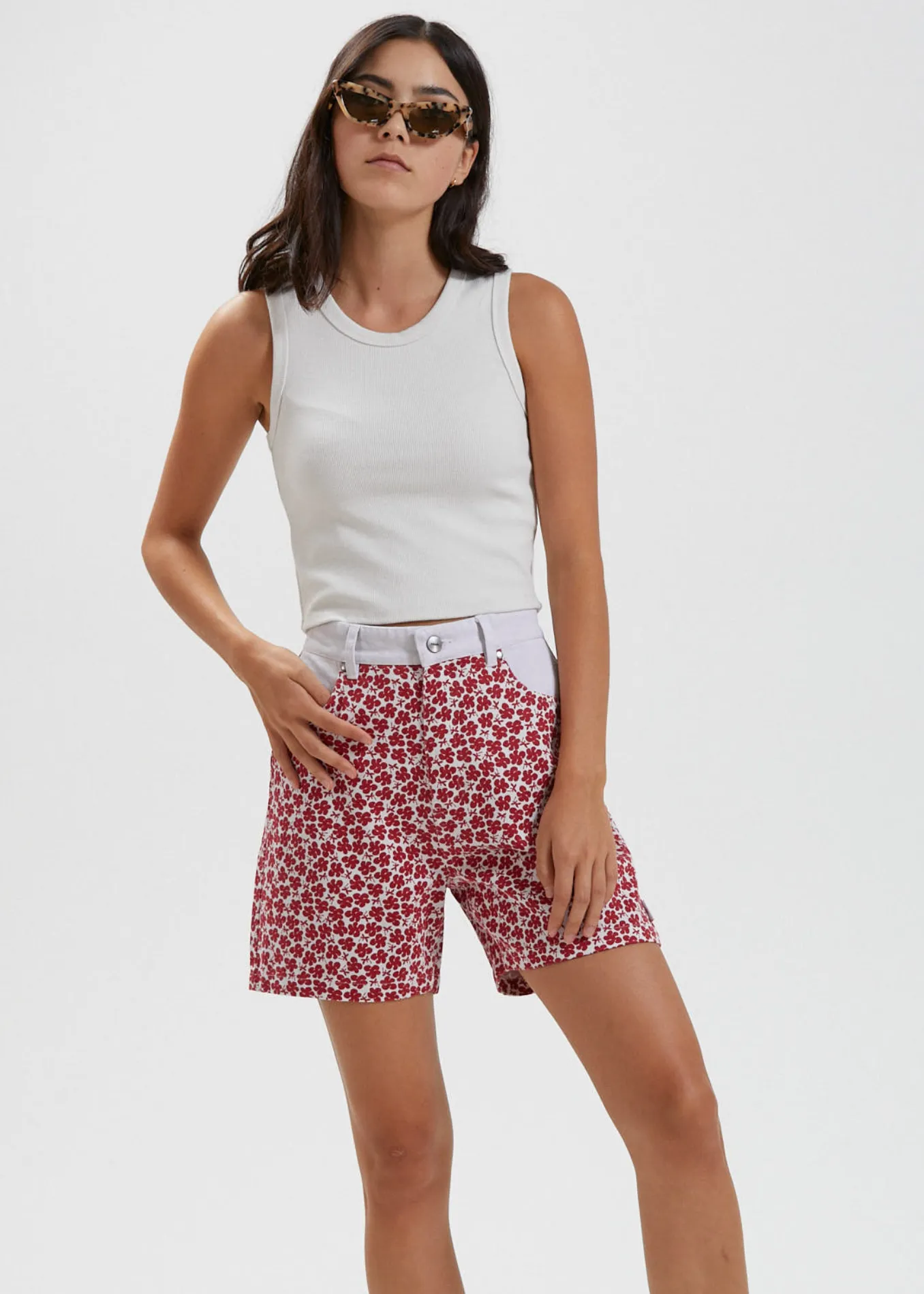 AFENDS Womens Shelby - Hemp Canvas Floral High Waisted Shorts - Red sold by Afends