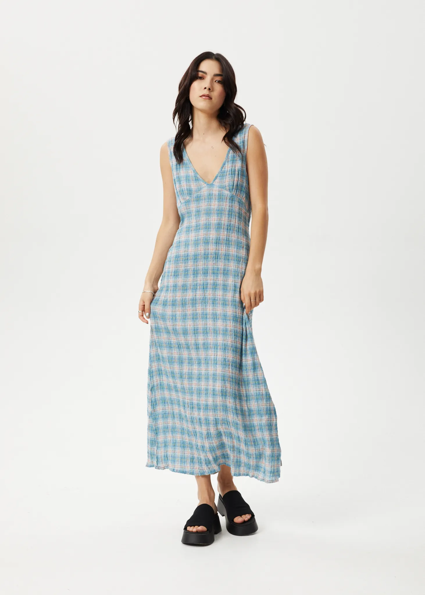 AFENDS Womens Position Tully - Seersucker Maxi Dress - Lake Check sold by Afends